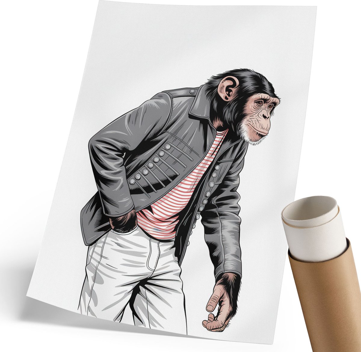 Coloray Polycanvas Wandposter - Chimpansee In Kleding, Illustratie - 210 x 297 mm - Wit Poster - Rechthoek - Canvasposter - Woonkamer, Slaapkamer, Kantoor - Popcultuur