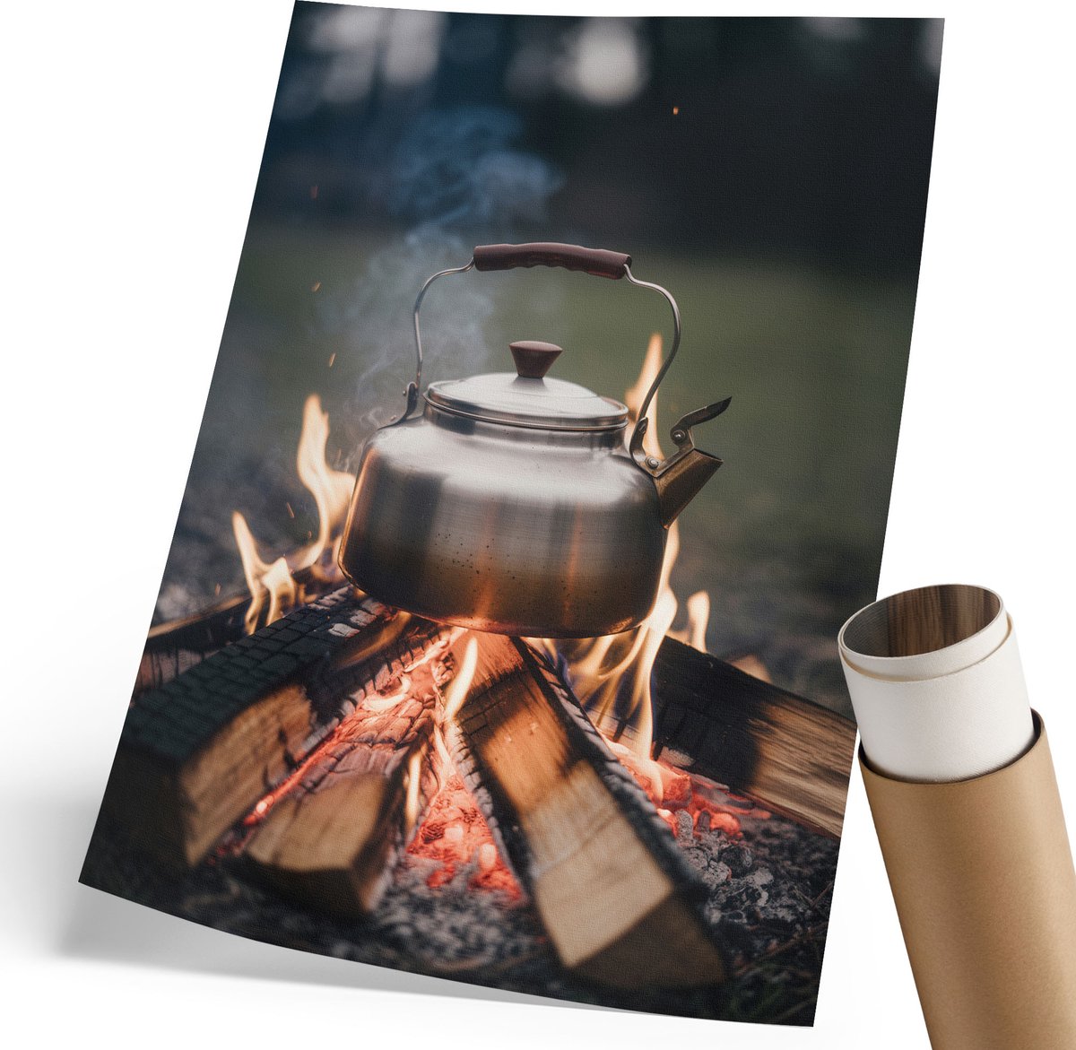 Coloray Polycanvas Wandposter - Waterkoker Op Het Vuur, Fotografie - 210 x 297 mm - Grijs Motief - Rechthoek - Interieurdecoratie - Woonkamer, Slaapkamer, Kantoor - Rustiek