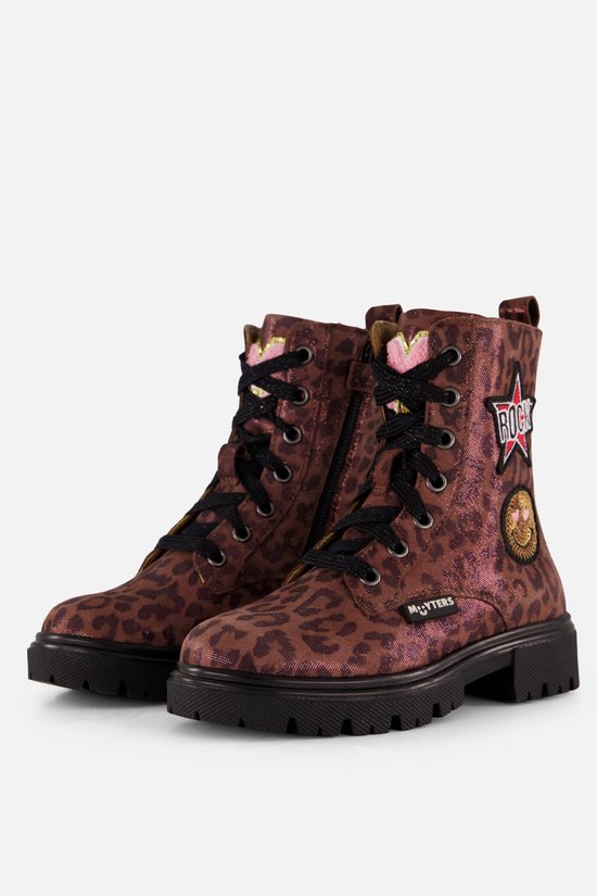 Bordeauxkleurige Muyters veterboots met luipaardprint, zwarte veters, een 'ROCK' sterpatch en dikke zwarte profielzool.