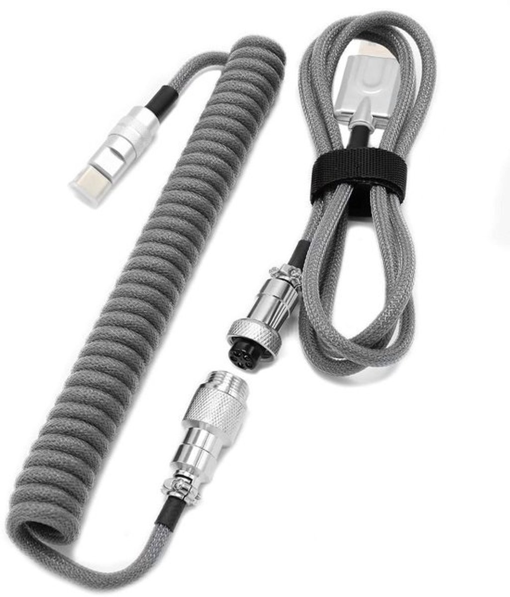 Opgerolde USB-C Kabel - Mechanisch Toetsenbord Kabel - Gaming Setup - Aviator Connector - 15 m - Grijs