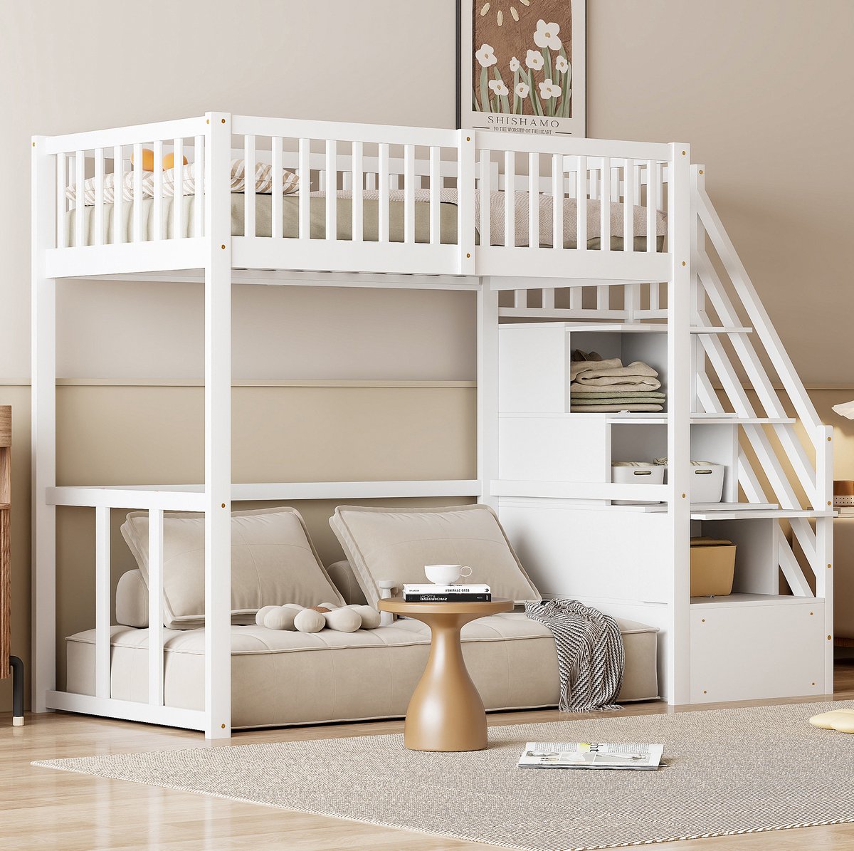 REDOM - Hoogslaper - Veilige opbergladder - Bureau onder het bed - Ruimtebesparende kinderkamerstijl - Kinderkamer - Hout - Wit - 252 x 97 x 180 cm