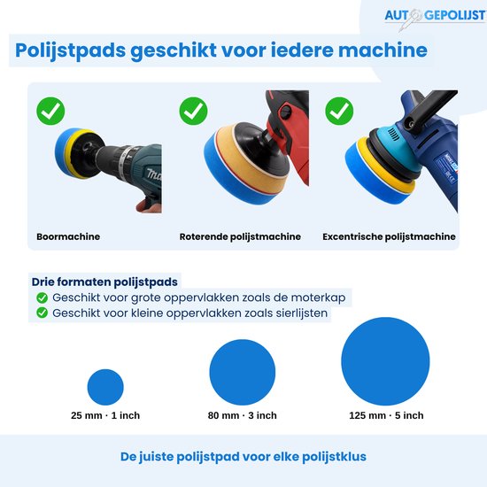 Polijstpads geschikt voor boormachine, roterende en excentrische polijstmachine. Drie formaten: 25 mm (1 inch), 80 mm (3 inch) en 125 mm (5 inch).