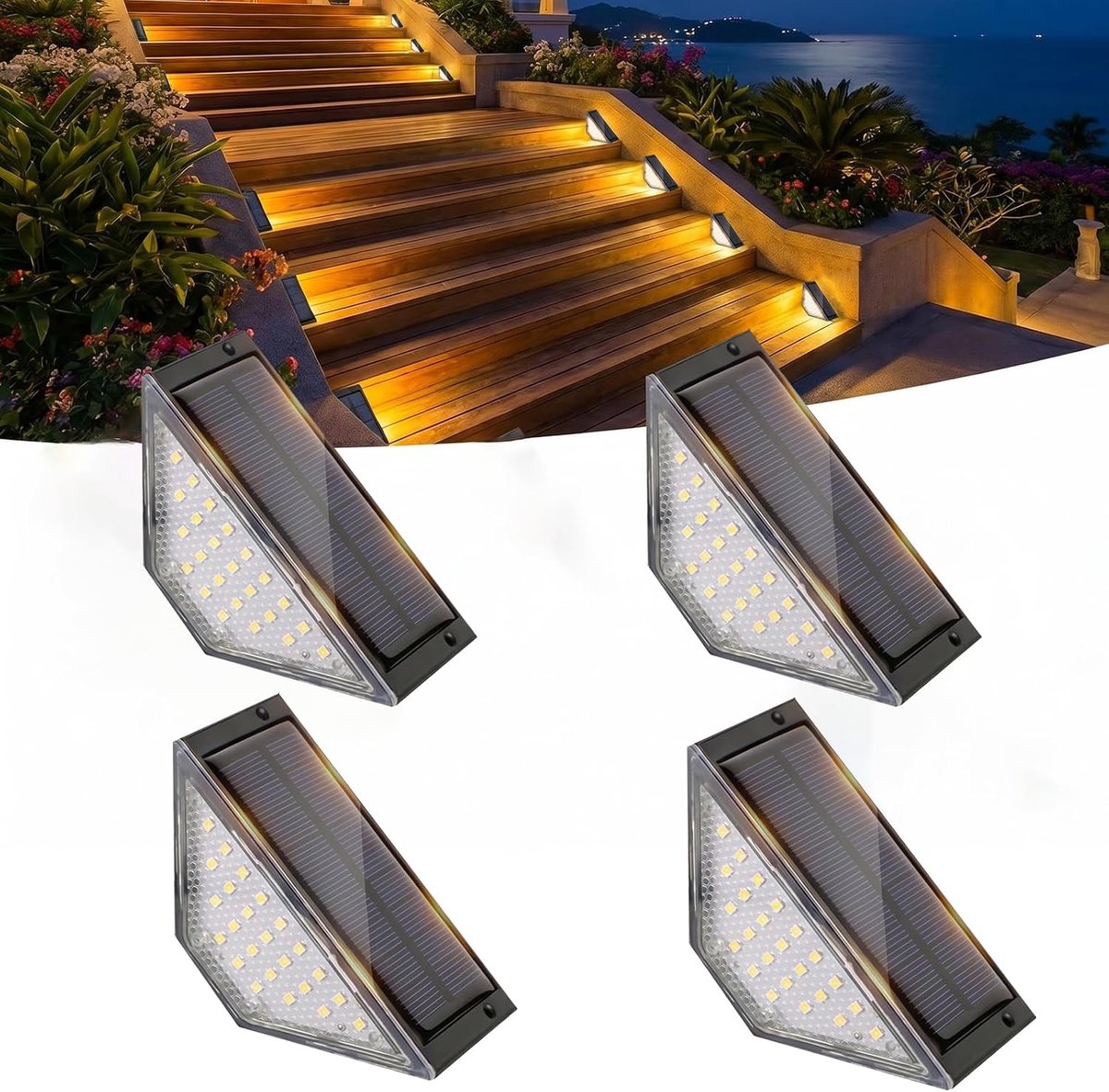 Tuinverlichting op zonne-energie, 4 sets gelaagde lampen op zonne-energie, voorzien van 24 LED-lampjes, IP65 waterdicht, geschikt voor terrasdecoratie, patio's, schuttingen, paden, trappen en opstapjes.