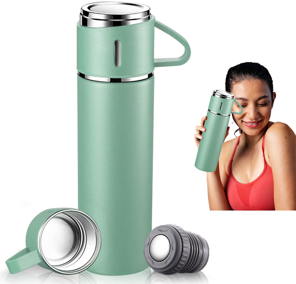 REDOM Thermosfles 500 ml – Thermosbeker met 12 uur warm en koud houden – Herbruikbare Drinkbeker voor Werk, School, Reizen en Sport – RVS – Groen thumbnail 2