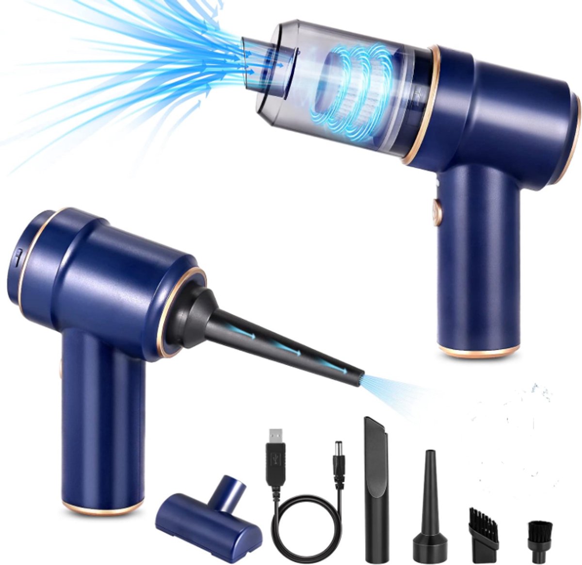 Draadloze Handstofzuiger, 3-in-1 Elektrische Persluchtstofzuiger, Oplaadbare Mini-stofzuiger, Stofzuiger Voor Huisdierenhaar en Autoreiniging (Basismodel - Blauw)