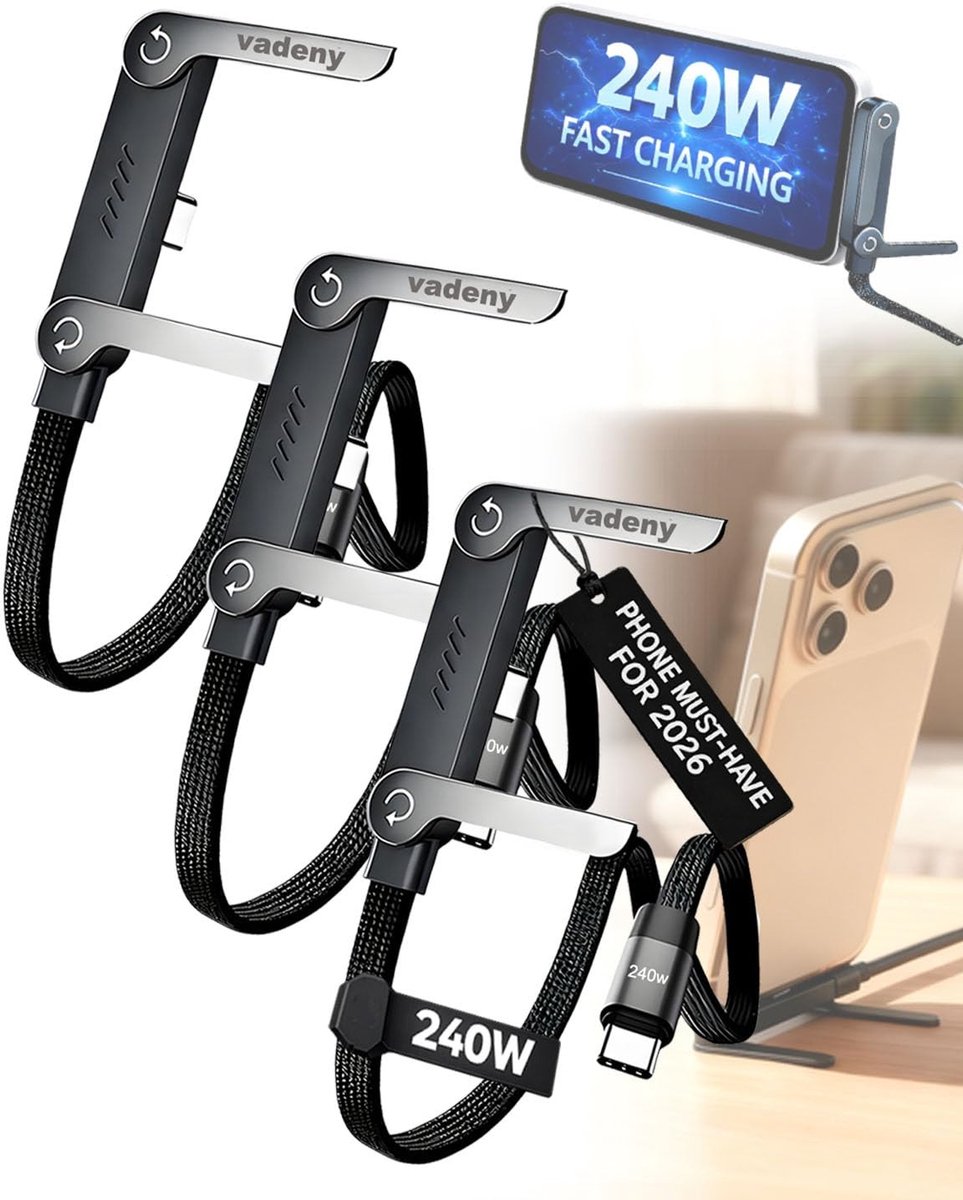 240w USB-C Stand Data Cable,Flat Phone Charger Sideways Invisible Stand Data,5ft Type-C Charging Cables with Built-in Holder,Nylon Braided High-Speed Charge Cord for Phone,Tablets,Laptops
