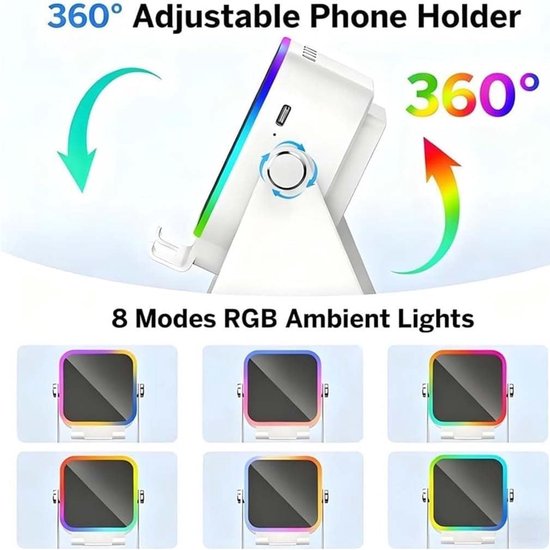 Draadloze 5-in-1 inductie-Bluetooth-speaker met verstelbare telefoonstandaard, oplaadbare speaker (3500 mAh) met stereogeluid, 360° verstelbare telefoonhouder en RGB-sfeerverlichting (8 standen) - Zwart — afbeelding 3