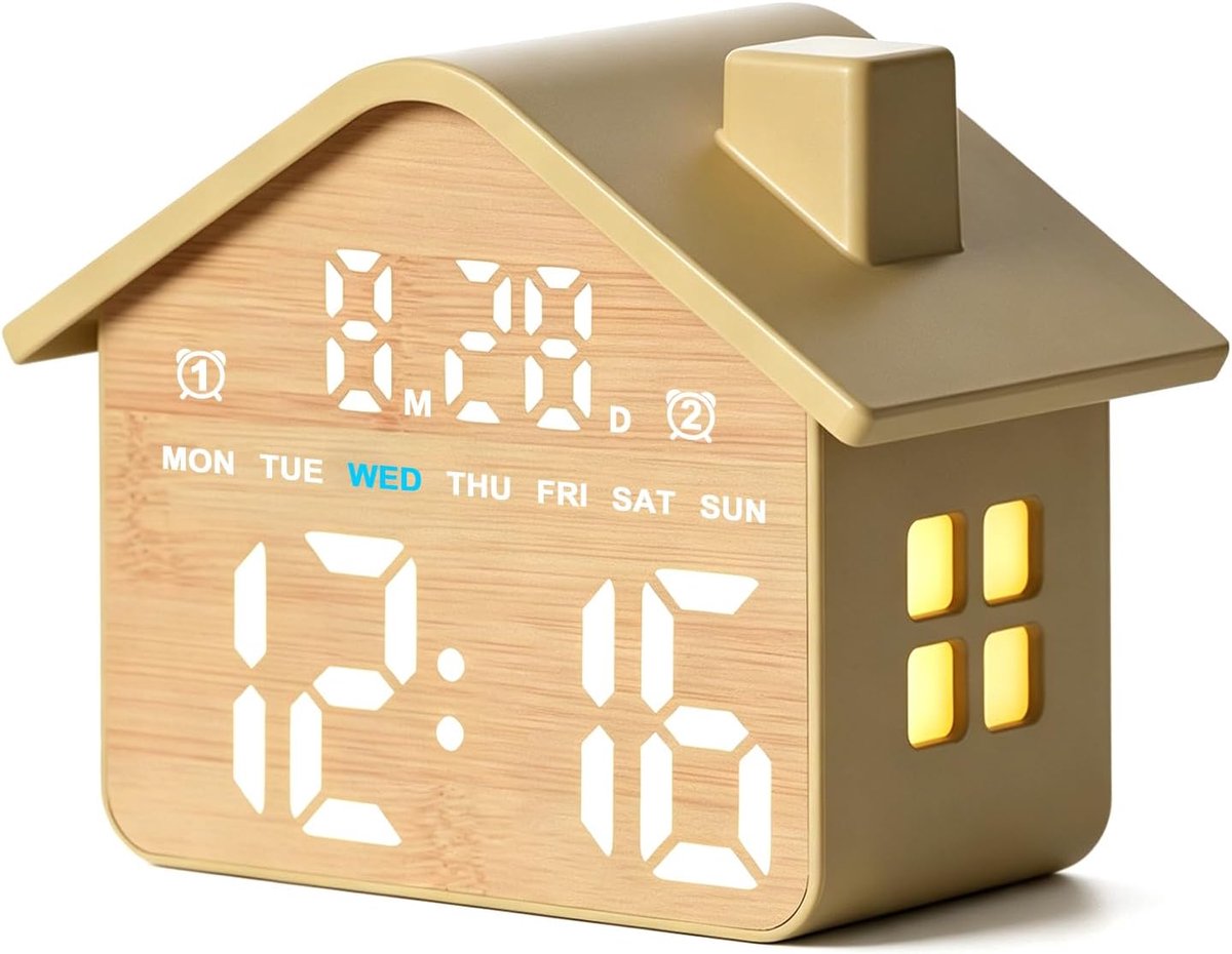 Digitale wekker in huis, houtlook, led-tafelklok met weekdag en datum, 2 wektijden, sluimerfunctie, helderheidsaanpassing, nachtlampje, voor woonkamer, kinderkamer, kantoor, netvoeding
