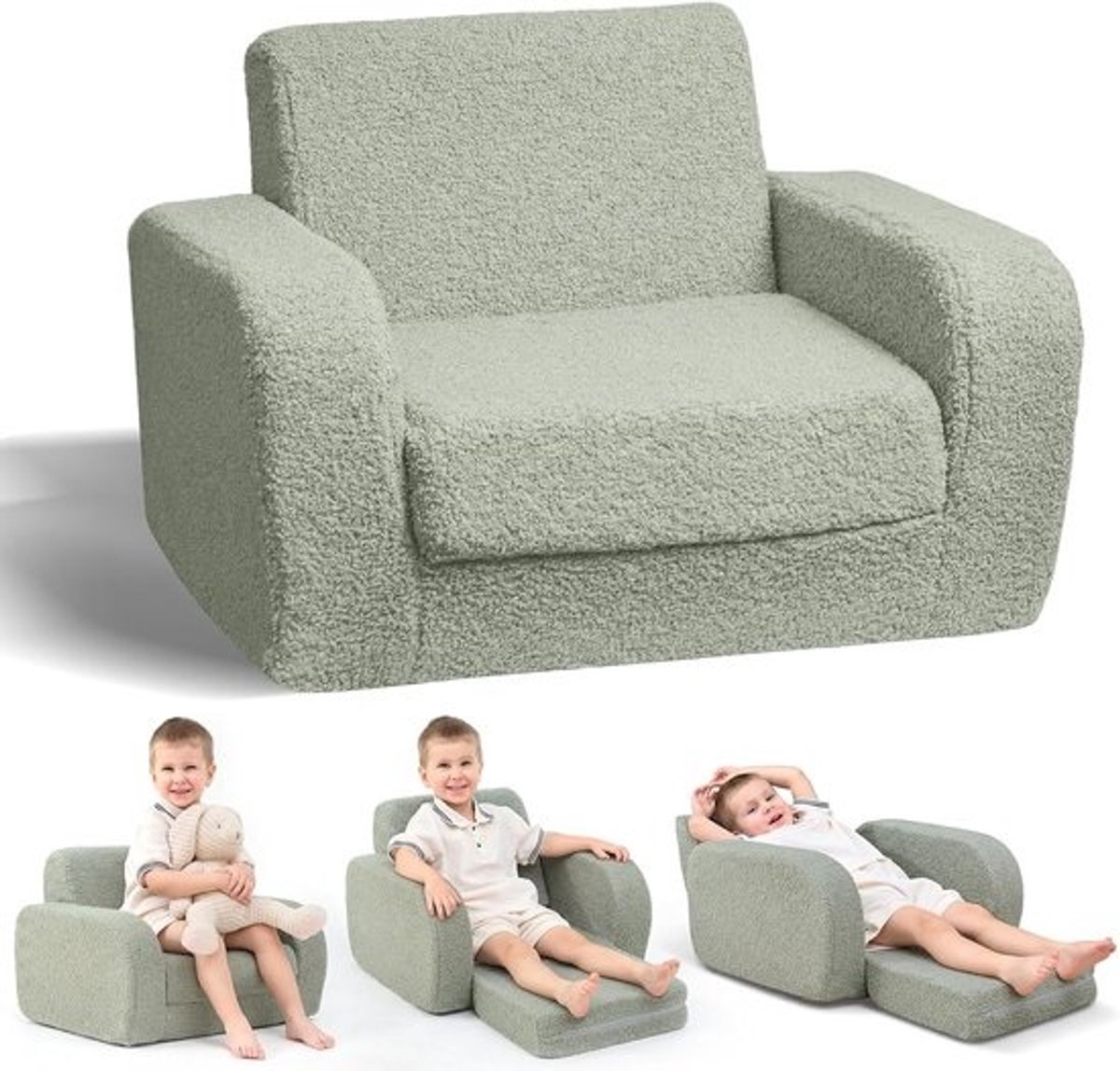 Kinderbank Slaapfunctie - Peuterstoel Opvouwbaar - Zitten Liggen Slapen - 3-in-1 Multifunctioneel - 91 x 25 x 52 cm - Groen