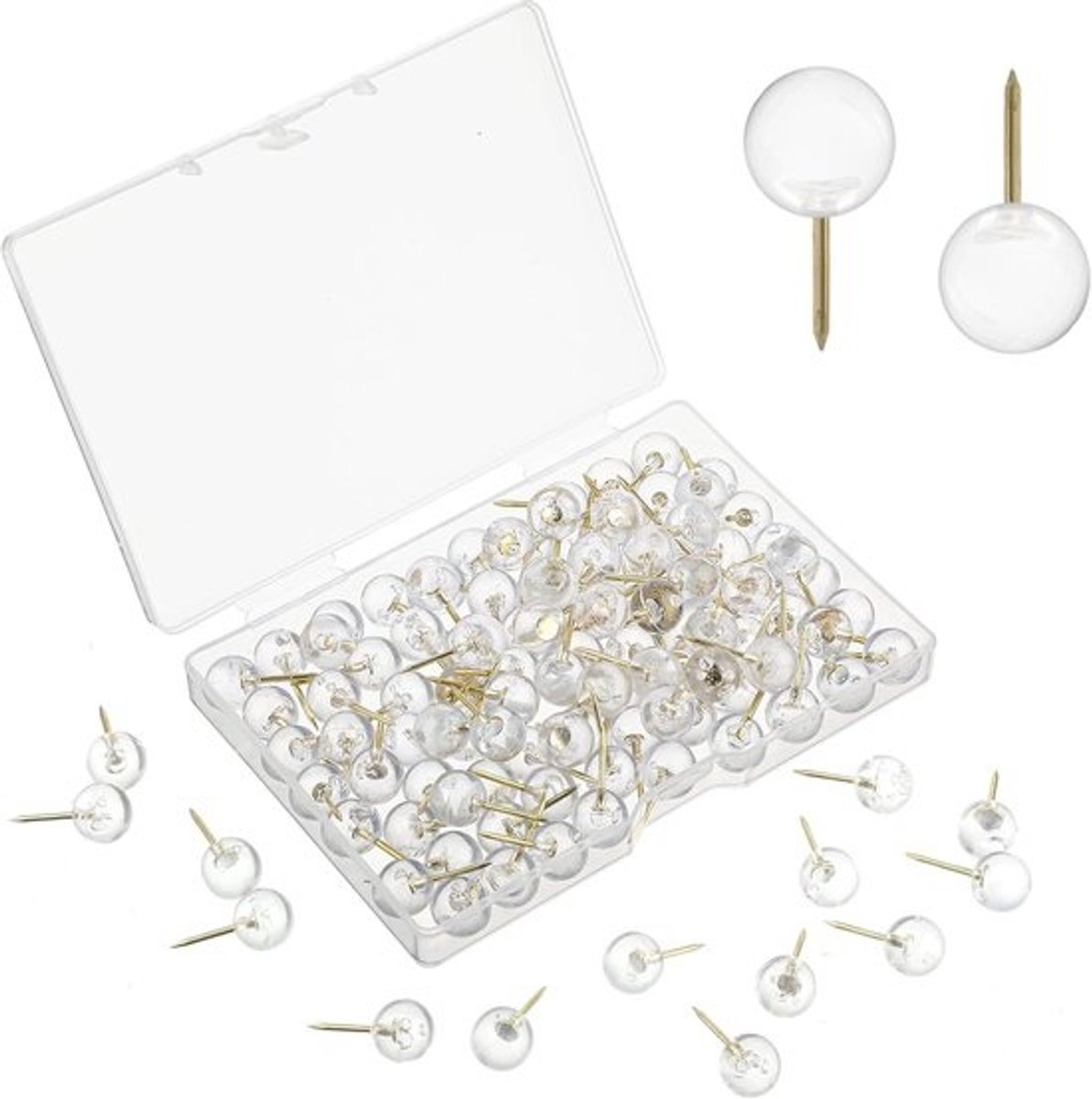 Transparante pushpins - Decoratieve spelden - Voor documenten bevestigen - Handige organizerbox - 100 stuks - Helder