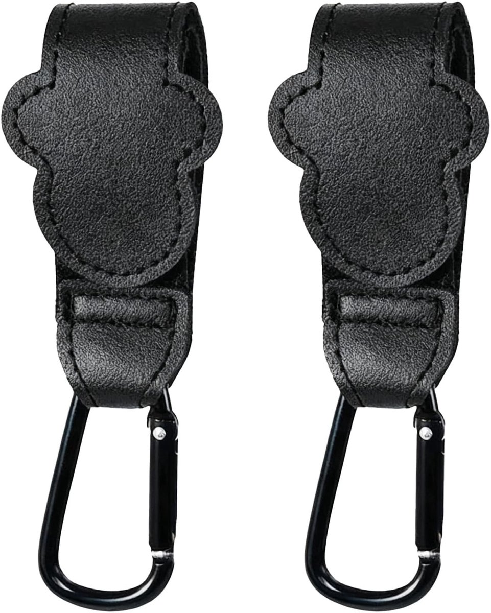 Pram Clips Set van 2, Universele Bevestigingshaken voor Kinderwagens, Duurzame PU Lederen Straps en Aluminium Carabiners, Zwart