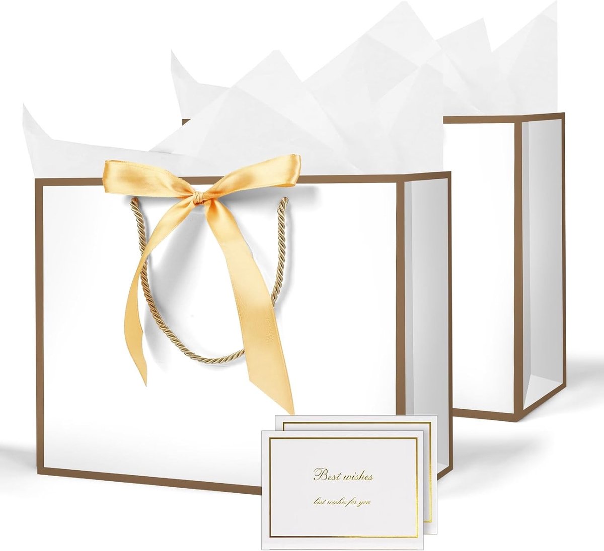 2 Stuks Medium Witte Cadeautas met 4 Inpakvellen en 2 Kaarten, Ideaal voor Vrouwen, Verjaardagen en Bruiloften