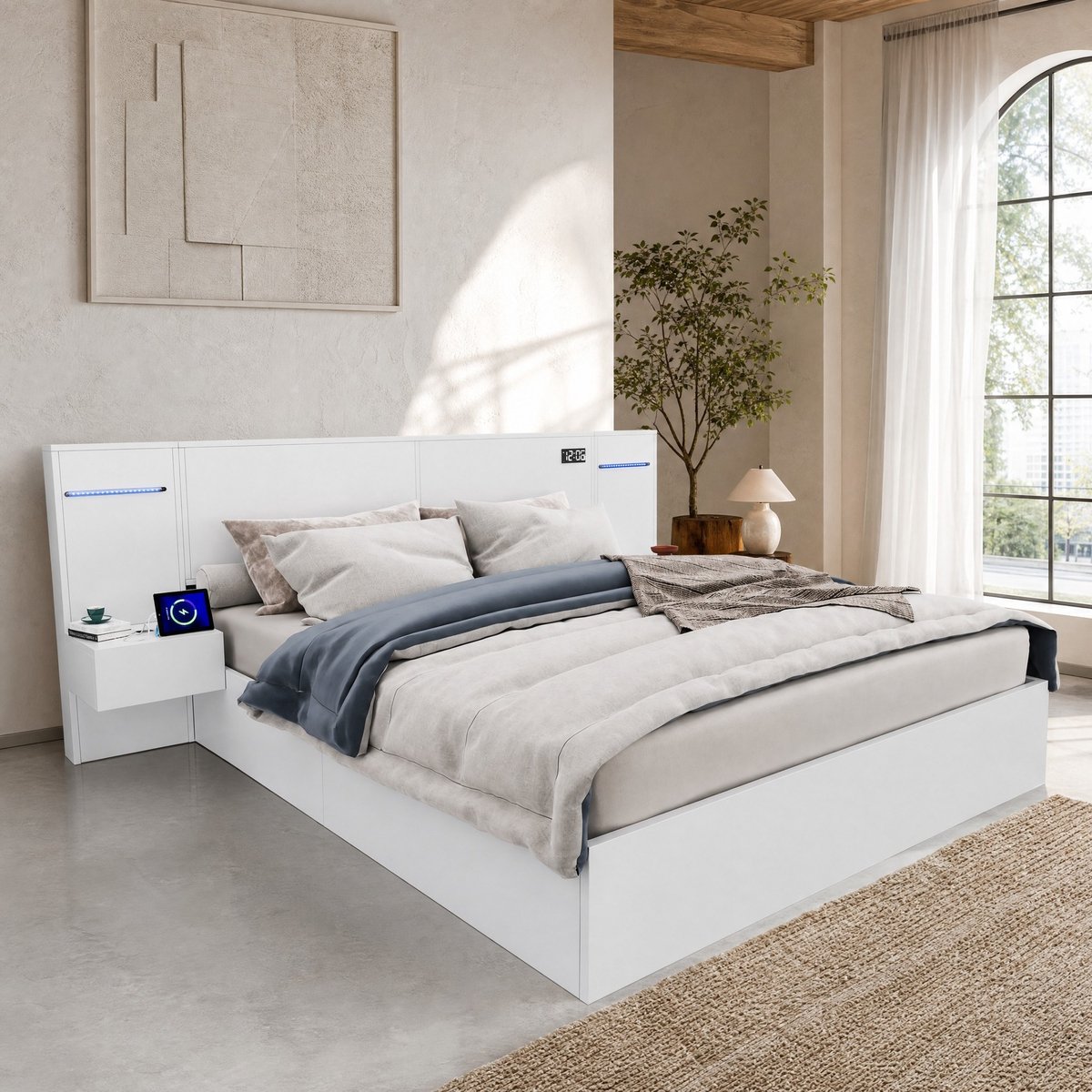 WUVRIE Tweepersoonsbed 180x200 cm met lattenbodem, USB, Bluetooth-speakers, lichtstrip en 2 nachtkastjes, wit