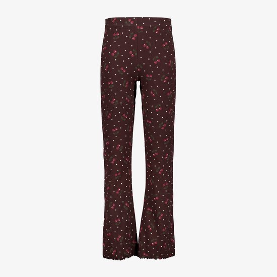 Roodbruine flared broek met kersenmotief, witte stippen, ribbeltextuur en afgewerkt met een gegolfde zoom.