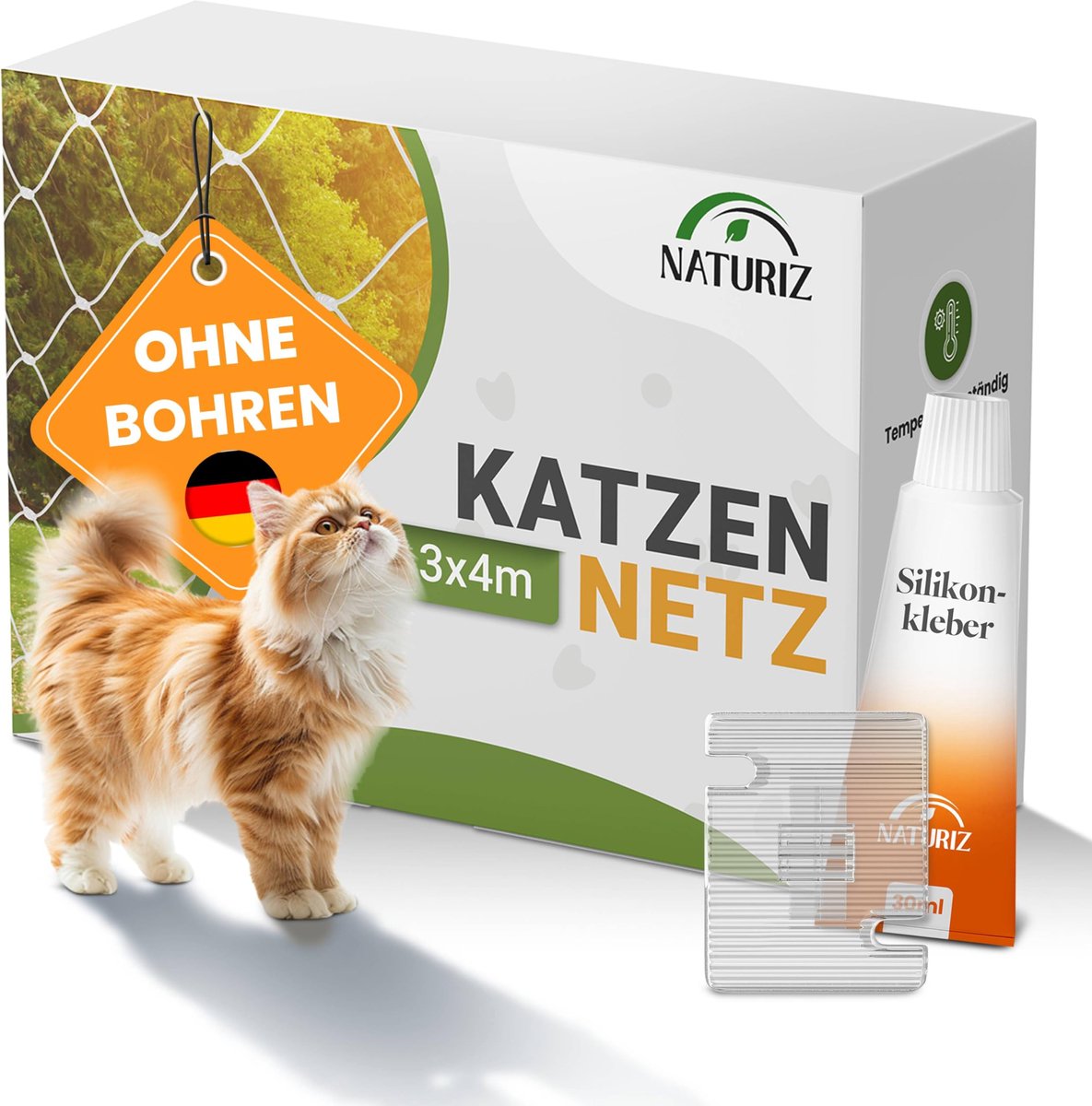 Naturiz® Kattennet voor balkon zonder boren incl. kleefhaken en siliconenlijm - ShopVlot