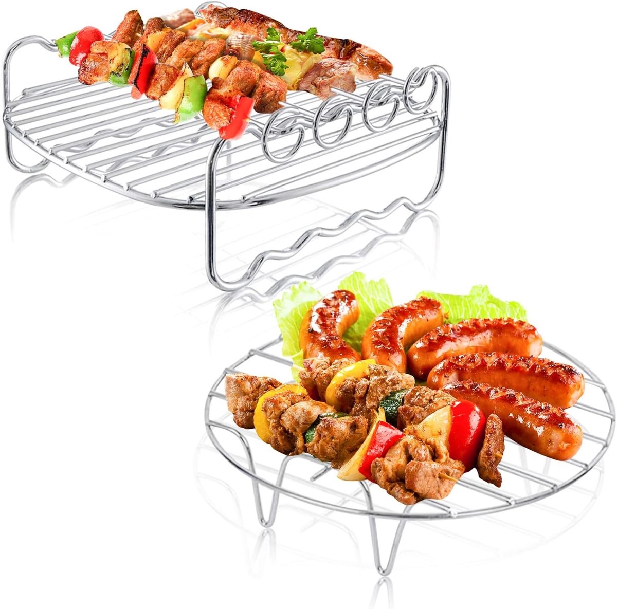 2-delige RVS Airfryer Rack Set met Dubbele Laag en BBQ Sticks voor 3.5-5.5 Liter Airfryers, Ideaal voor Gezond Koken en Grillen