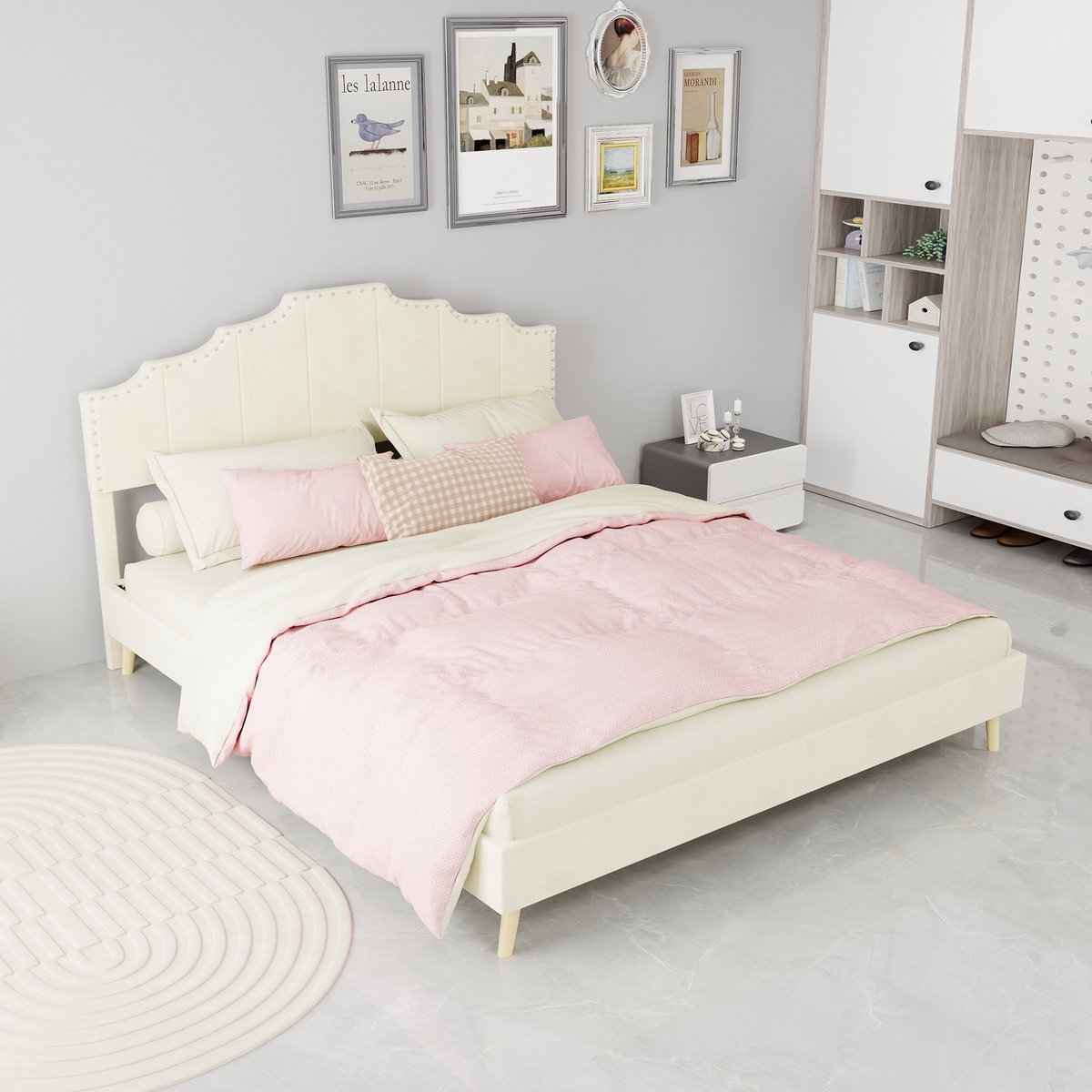 AURA LUMEN-Gestoffeerd bed-Tweepersoonsbed-160 x 200 cm-Zacht hoofdbord-Geometrisch design-Beige