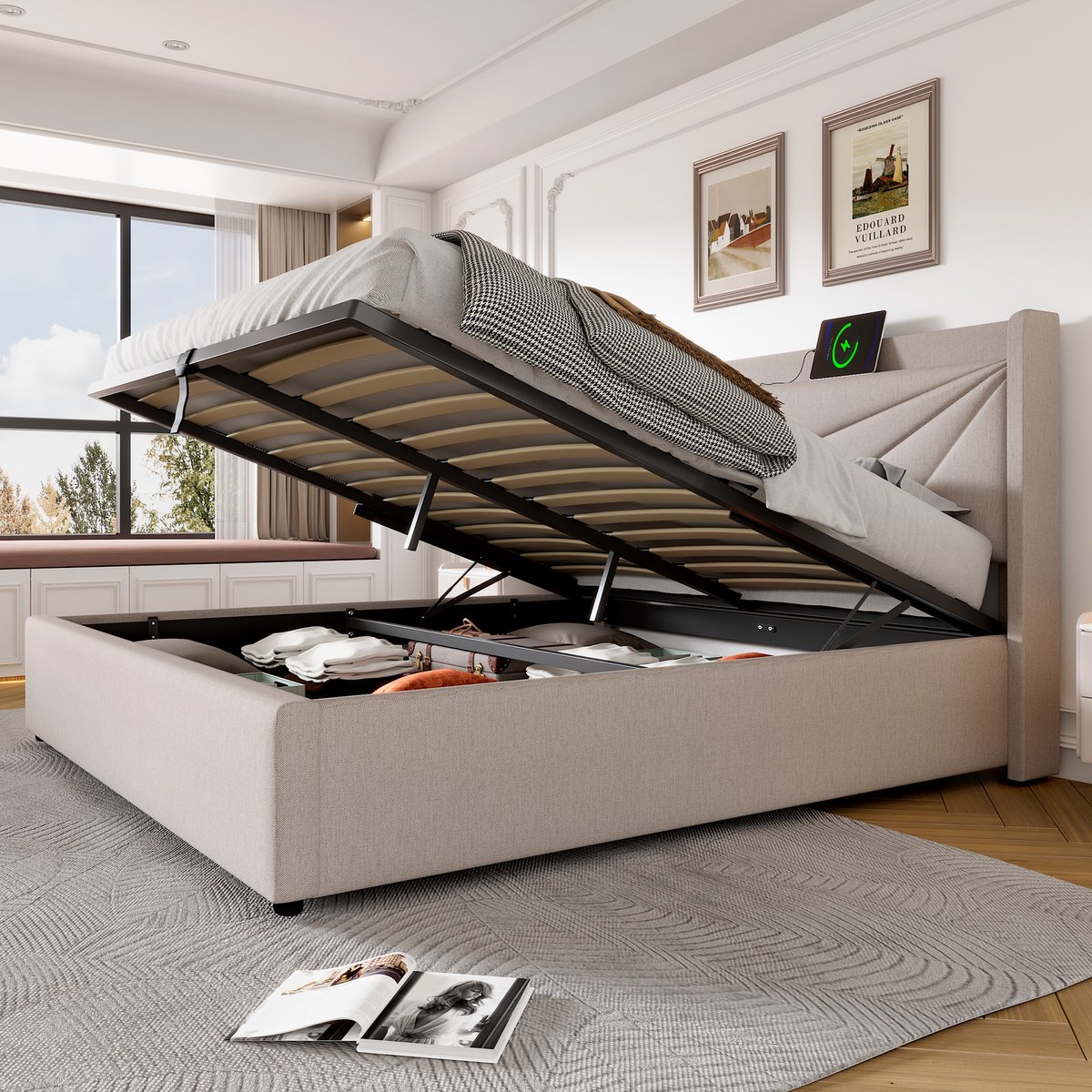 AURA LUMEN Gestoffeerd bed-Tweepersoonsbed-160x200 cm-Bed met opbergruimte-Bed met LED en USB-Bed met hoofdbord-Beige