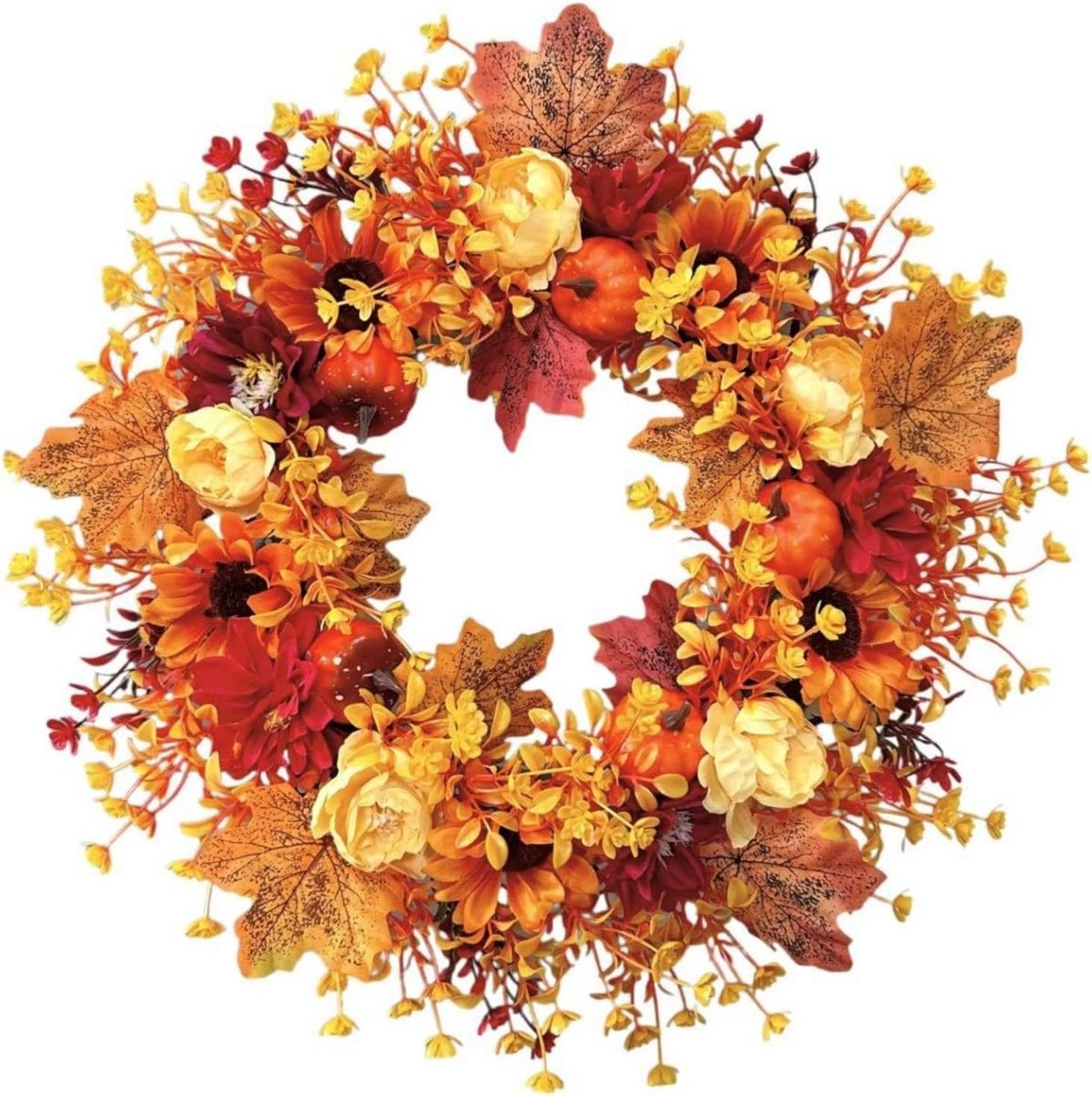 18 Inch Herfstkrans Met Esdoornbladeren Zonnebloemen Rozen En Pompoenen - Romige Gele Bloesem En Oranje Rode Dahlia - Volledige Oogstkrans Voor Voordeur En Binnen Buiten Decoratie