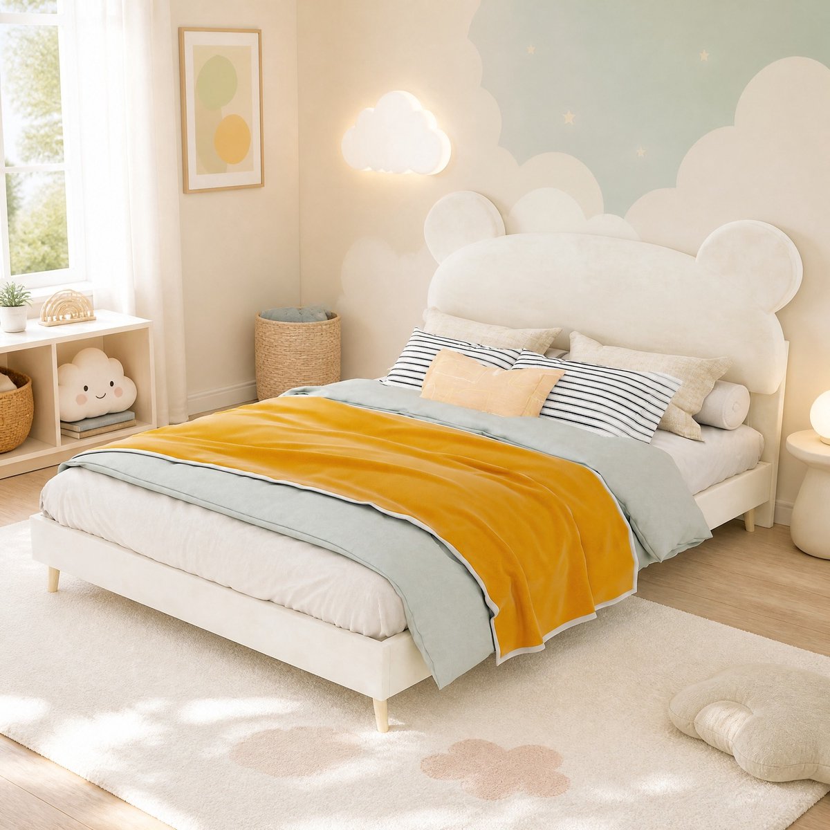 WUVRIE Gestoffeerd kinderbed 140x200 cm met berenorenhoofdbord en lattenbodem, beige