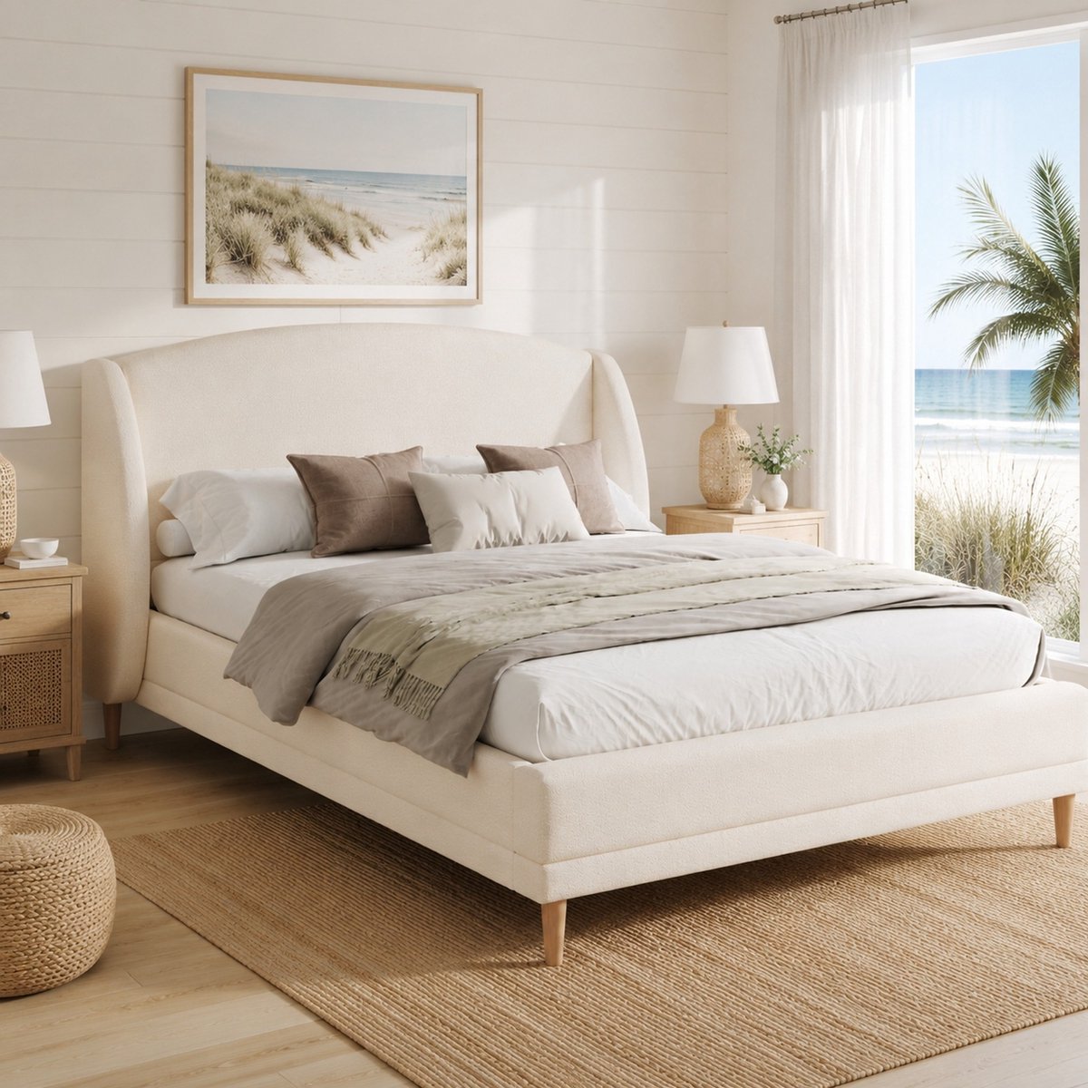 WUVRIE Tweepersoonsbed 140x190 cm met bouclé bekleding, vleugelhoofdbord en lattenbodem, ivoorwit