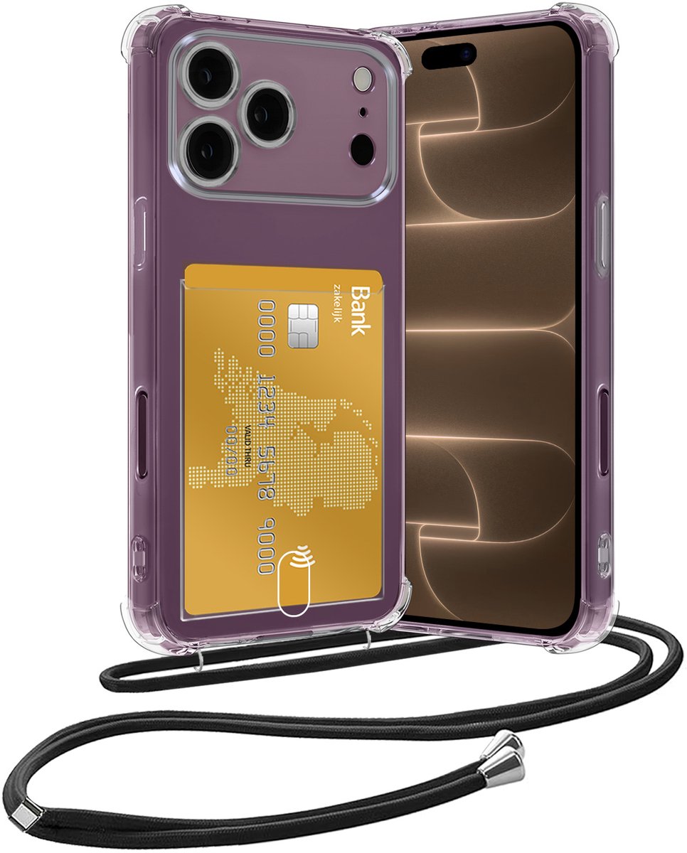 Hoesje Geschikt voor iPhone 18 Pro Hoesje Met Telefoonketting Pasjeshouder Shockproof Case Koord - Hoesje Geschikt voor iPhone 18 Pro Hoes Met Kaarthouder - Transparant