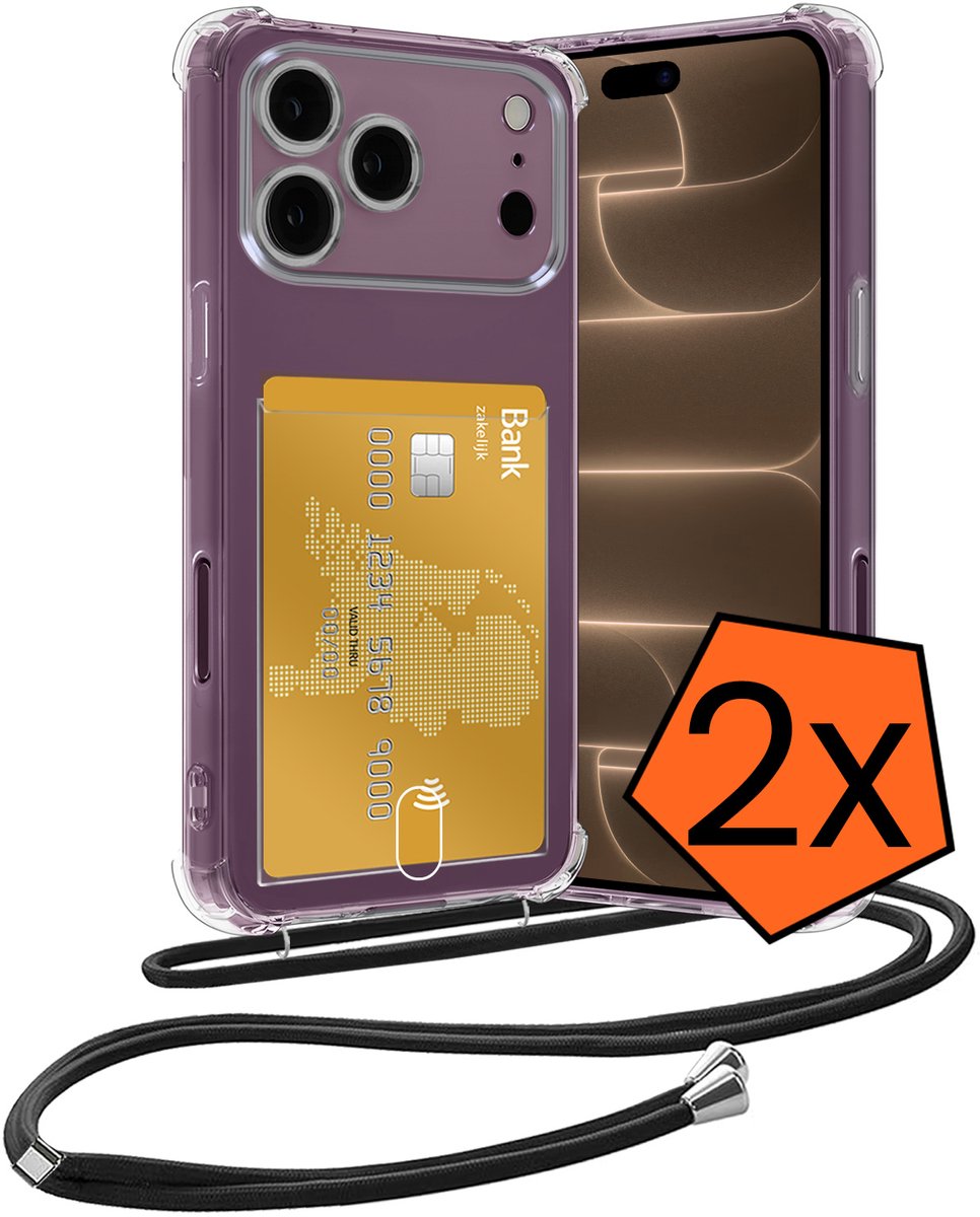 Hoesje Geschikt voor iPhone 18 Pro Hoesje Met Telefoonketting Pasjeshouder Shockproof Case Koord - Hoesje Geschikt voor iPhone 18 Pro Hoes Met Kaarthouder - Transparant - 2 PACK
