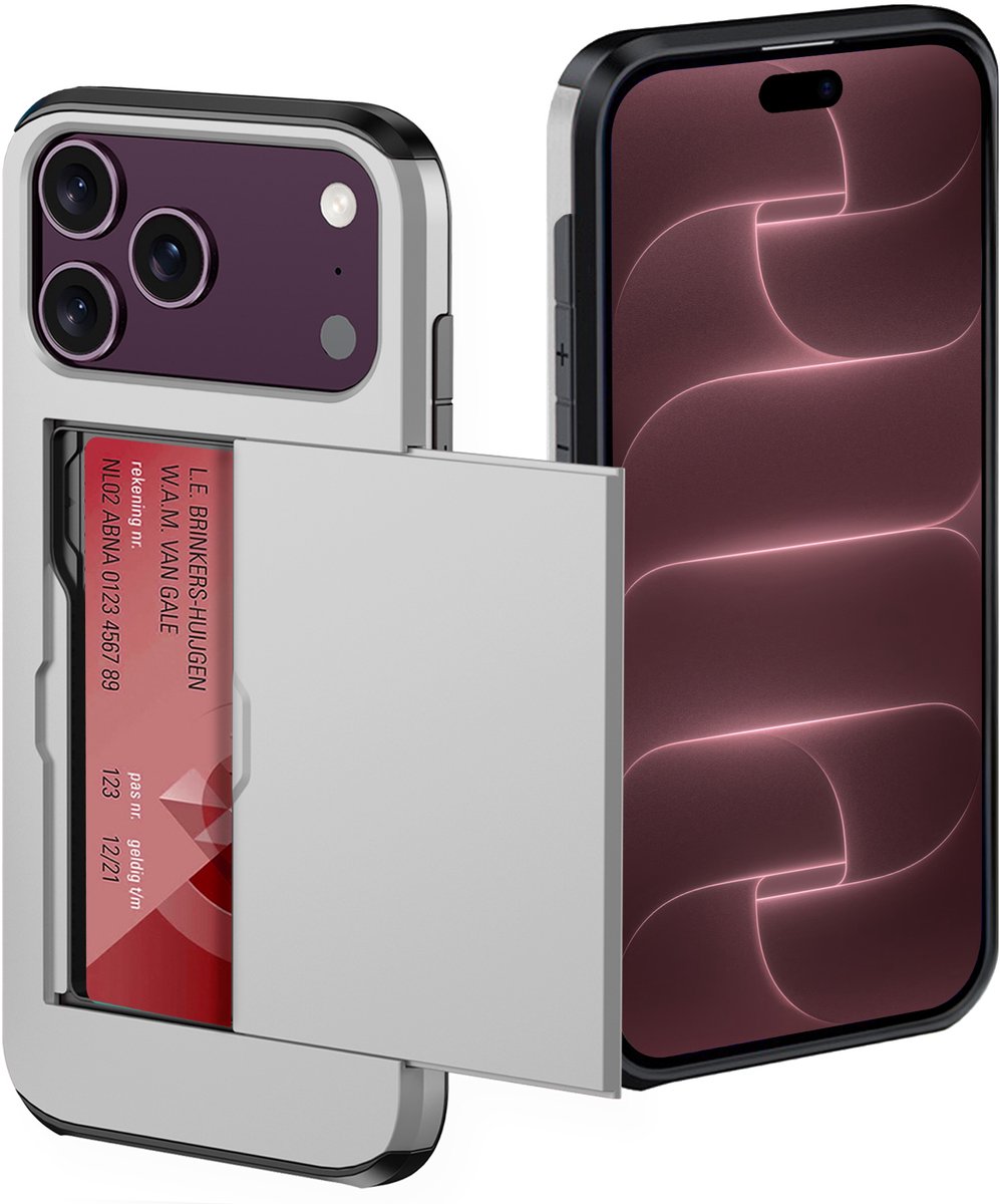 Hoes Geschikt voor iPhone 18 Pro Max Hoesje Pasjeshouder Hard Cover Shock Proof Hard Case Hoes Met Kaarthouder - Grijs