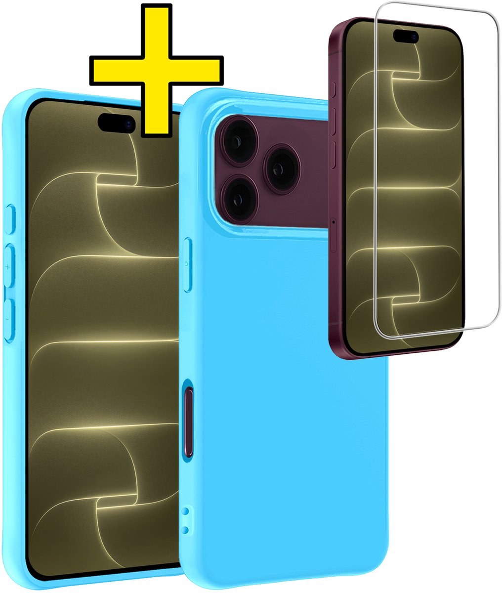 Hoesje - Met Screenprotector - Geschikt voor Apple iPhone 18 Pro - Sterk & Shockproof - Back Cover - Siliconen Case - Telefoon Hoes - Telefoonhoesjes - Lichtblauw