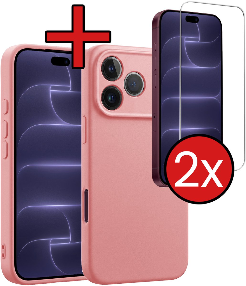 Hoesje - Met 2x Screenprotector - Geschikt voor Apple iPhone 18 Pro - Sterk & Shockproof - Telefoon Hoes - Back Cover - Siliconen Case - Telefoonhoes - Lichtroze