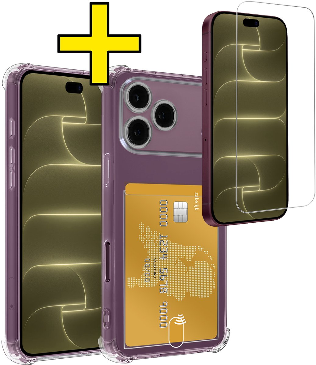 Hoesje - Geschikt voor Apple iPhone 18 Pro Max - Met Screenprotector - En Pashouder - En Kaarthouder - Telefoon Hoes Shockproof - Siliconen Case - Back Cover - Shock Proof - Pasjes Houder - Telefoonhoesjes - Transparant