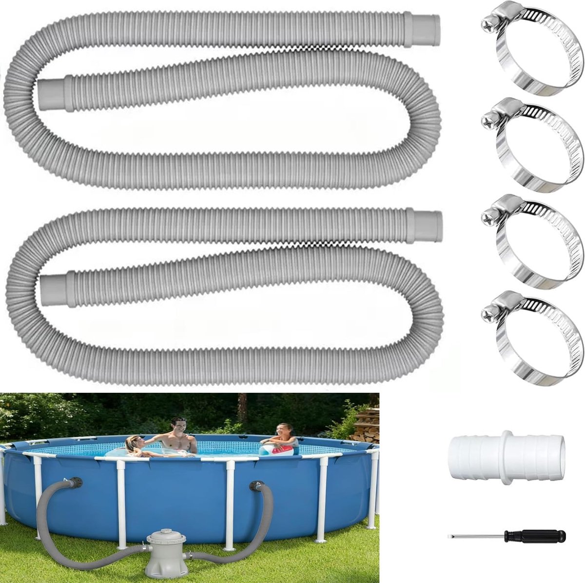 Set van 2 Flexibele Zwembadslangen van 150 cm met 4 Metalen Klemmen - Vervangingsslangen voor Zwembadpomp en Accessoires, 32 mm
