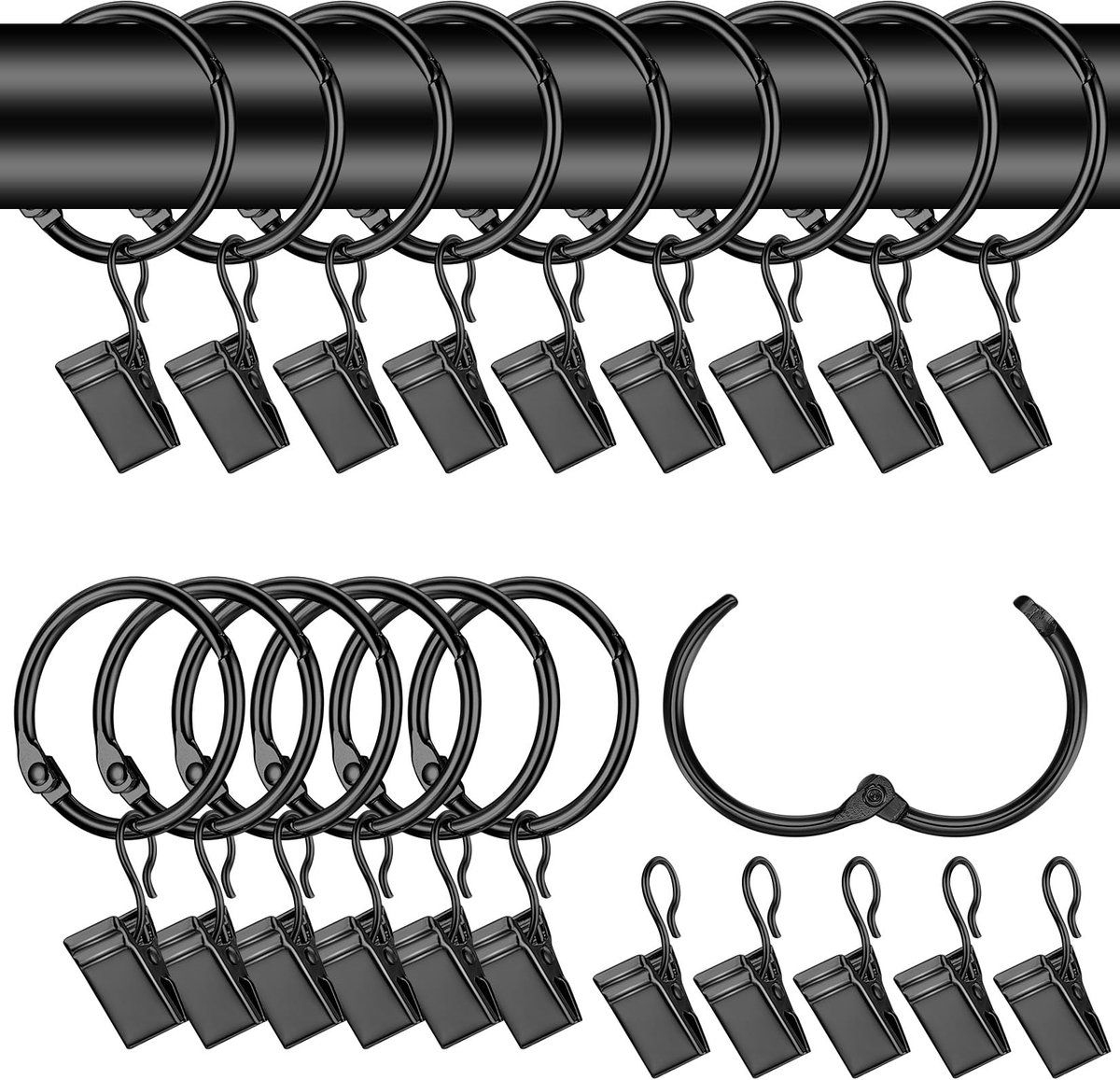 Gordijnringen met Clips 32mm - Metalen Zwart - Duurzaam Design - Perfect voor Douchegordijnen - ShopVlot