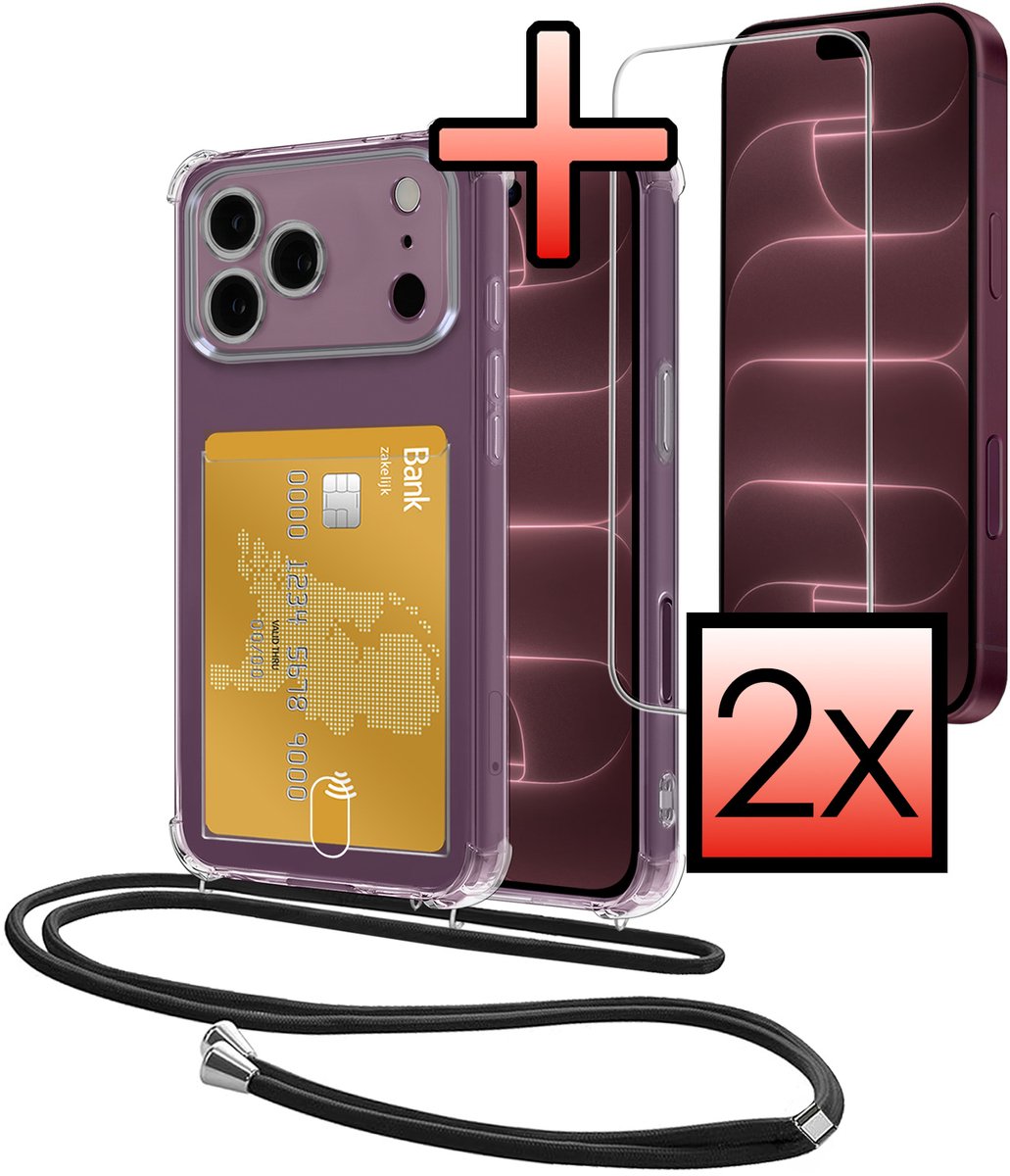 Hoes Geschikt voor Apple iPhone 18 Pro Hoesje Pasjeshouder Cover Met Koord Shock Proof Case Siliconen Hoes Met Telefoonkoord en Kaarthouder Met 2x Screenprotector - Transparant