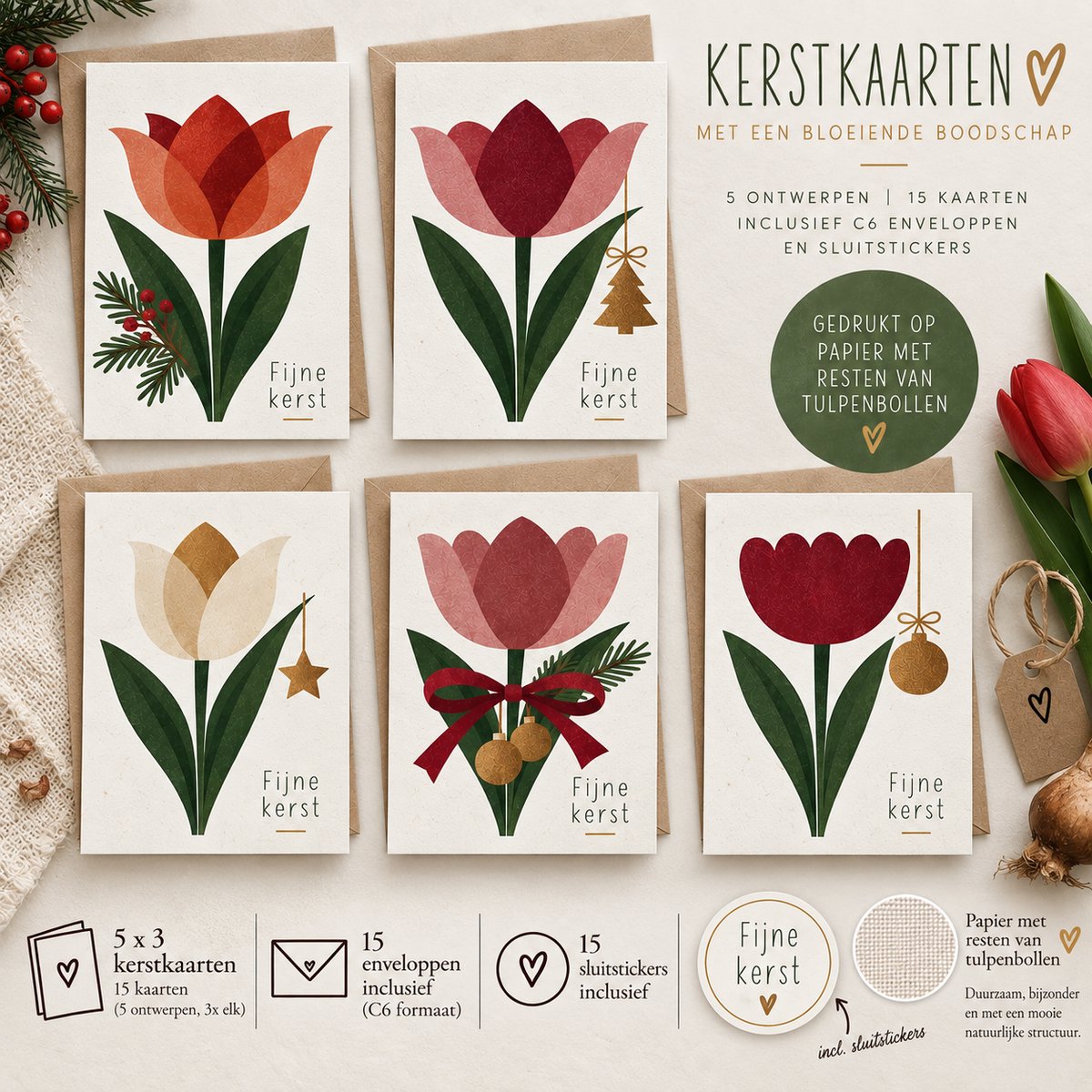 Lise Schrijft | Kerstkaarten | 15 kaarten | 5 ontwerpen | Papier met resten van tulpenbollen | Inclusief kraft enveloppen & sluitstickers | C6