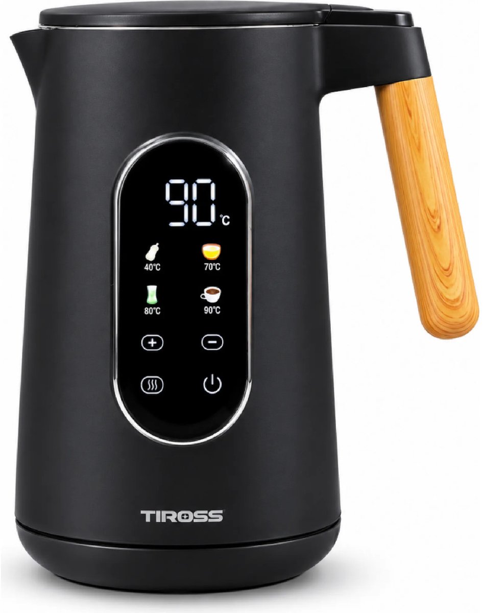 TIROSS Waterkoker 1,7 l met temperatuurregeling en houtlook ontwerp
