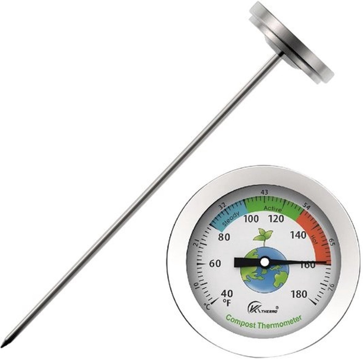 Bodemthermometer - Compostmeter en temperatuurmeter - Bodemtemperatuur meten - Sonde van roestvrij staal - 18 cm lang