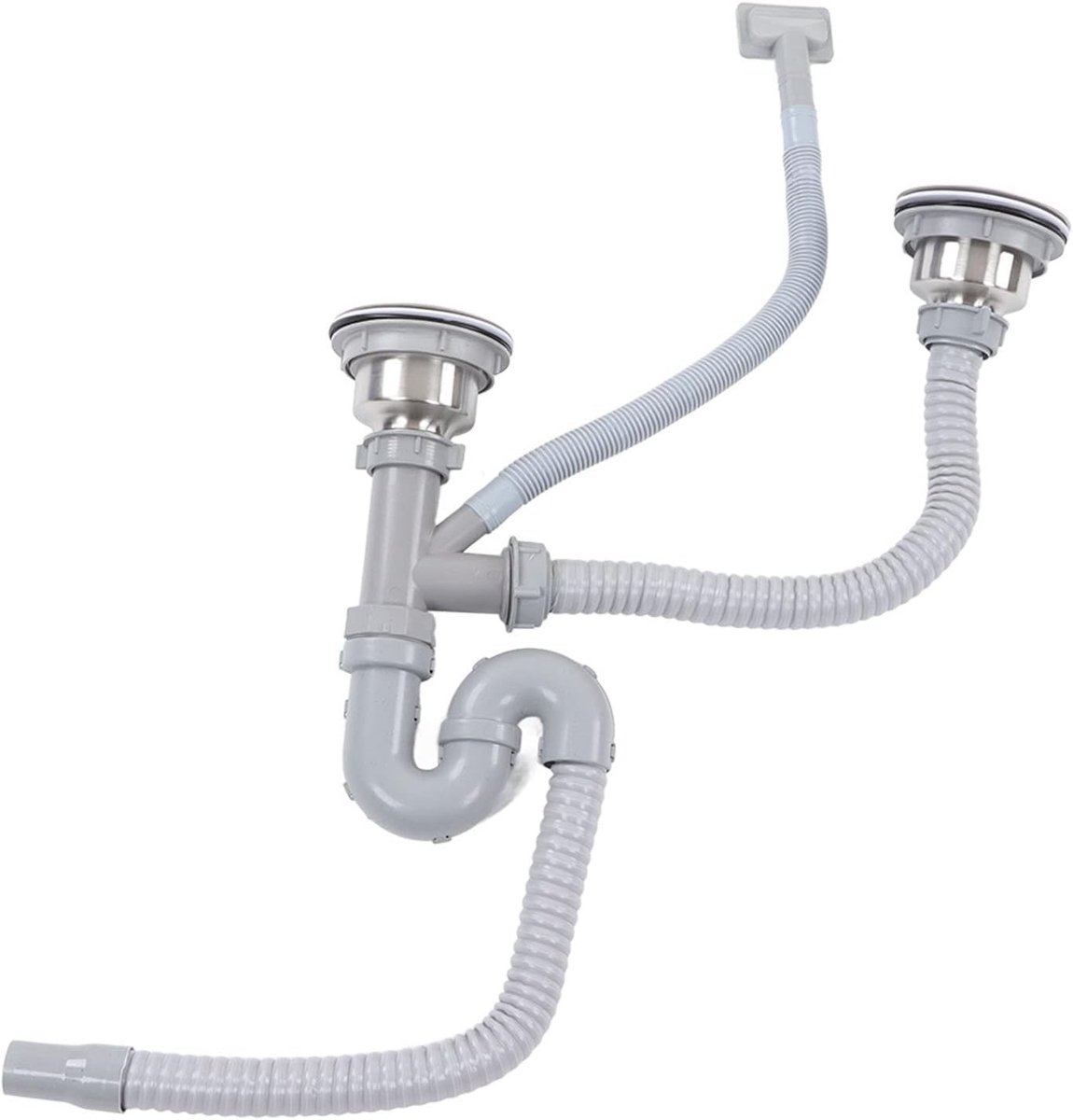 Dubbele Afvoer Kit voor Keuken, Flexibele Afvoerbuis van 11cm, RVS S-Vormige Afvoer voor Badkamer en Keuken, Inclusief Complete Set voor Sanitair en Afvoerinstallatie
