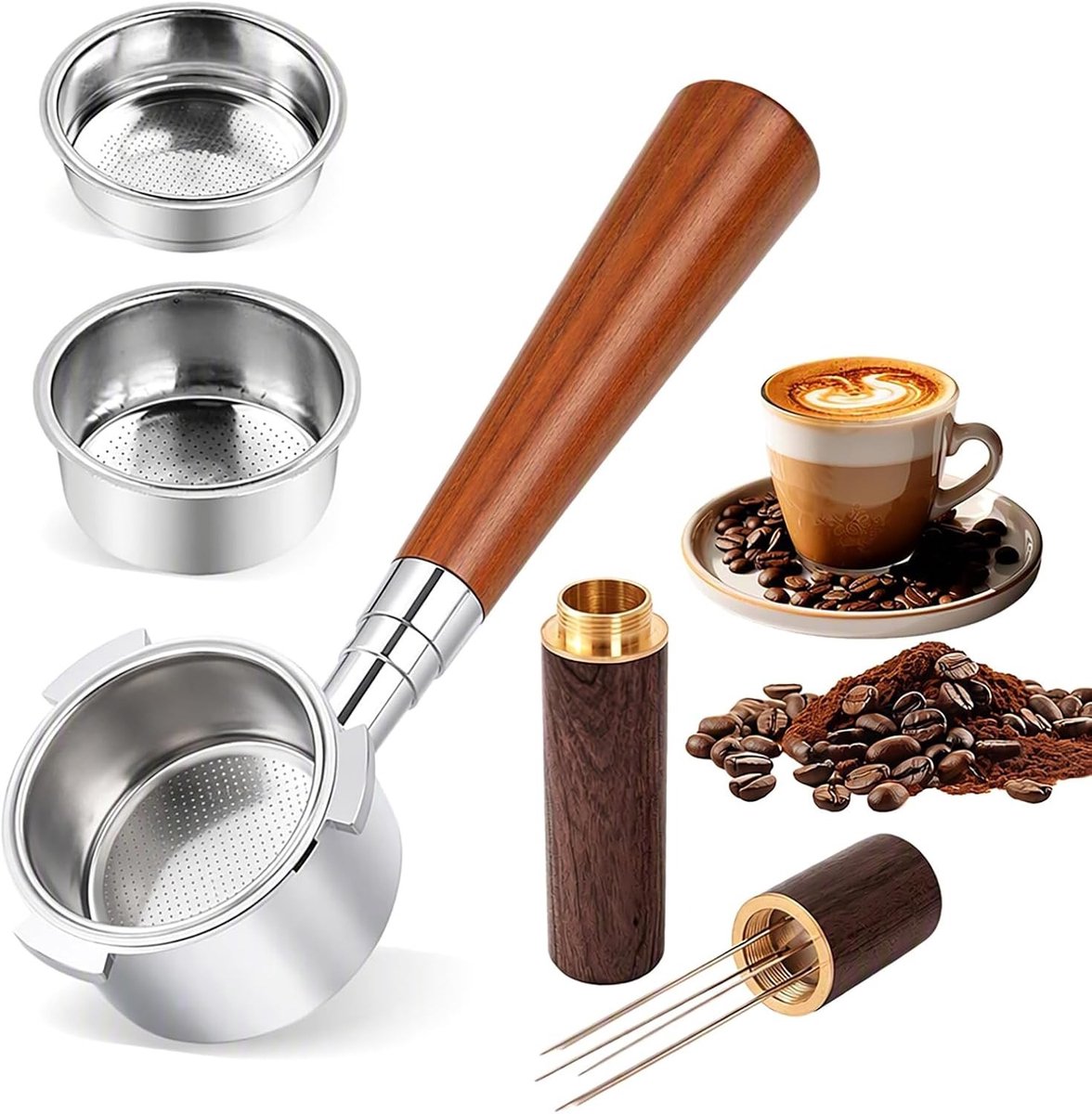 Screen Holder zonder Basis 51 mm met 3 Neusjes, Geschikt voor Dedica EC680, EC685, EC885, Inclusief 2 RVS Filtermandjes, WDT Roerhulpmiddel en 6 Naalden, Compleet Barista Set met ABS Handvat