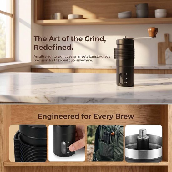 Handmatige Koffiemolen van RVS, Draagbare Koffiemolen met Precisie-instelling voor Espresso, French Press en Mocha, Ergonomische Crank voor Reizen en Kamperen — afbeelding 4