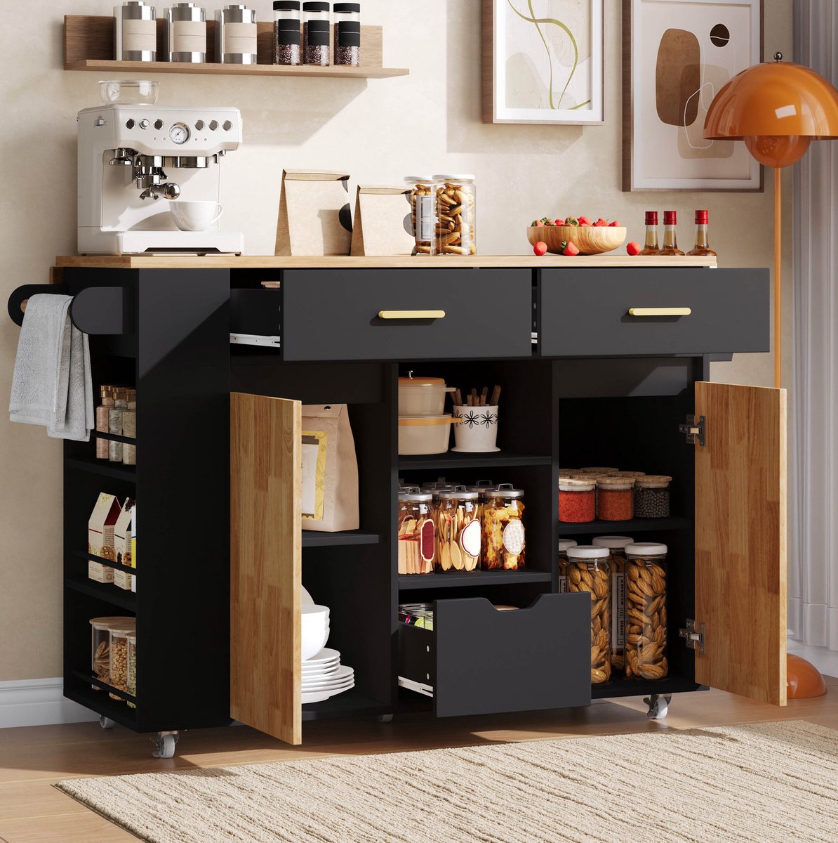 DESMIU Keukeneiland – Opklapbaar Werkblad – 120 x 45 tot 71 x 90 cm – MDF – Zwart Naturel – Met Wielen En 3 Lades