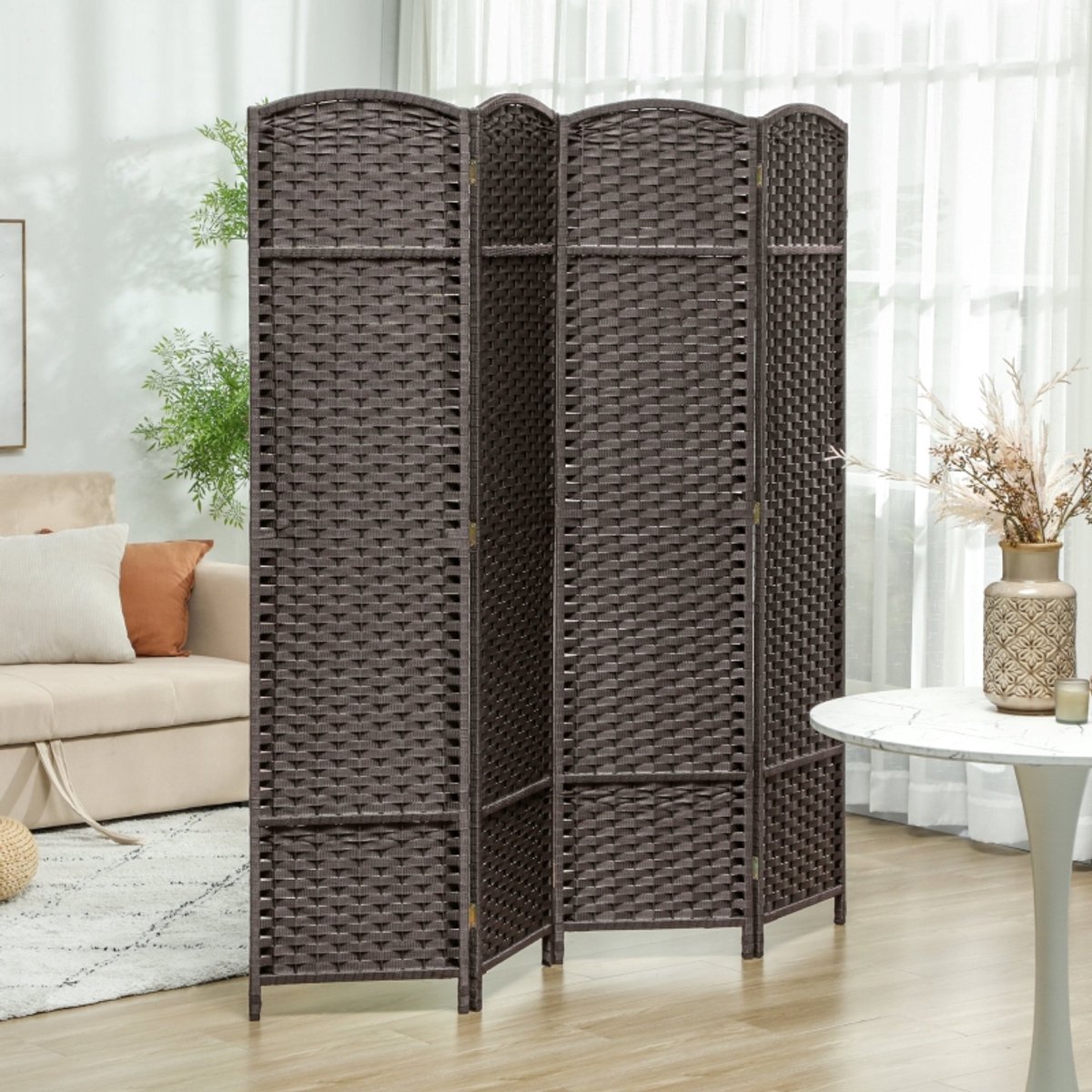 DESMIU Kamerscherm – Opvouwbaar 4-Delig – 160 bij 170 cm – Hout en Kunststof – Bruin – Voor Woonkamer, Slaapkamer en Thuiskantoor