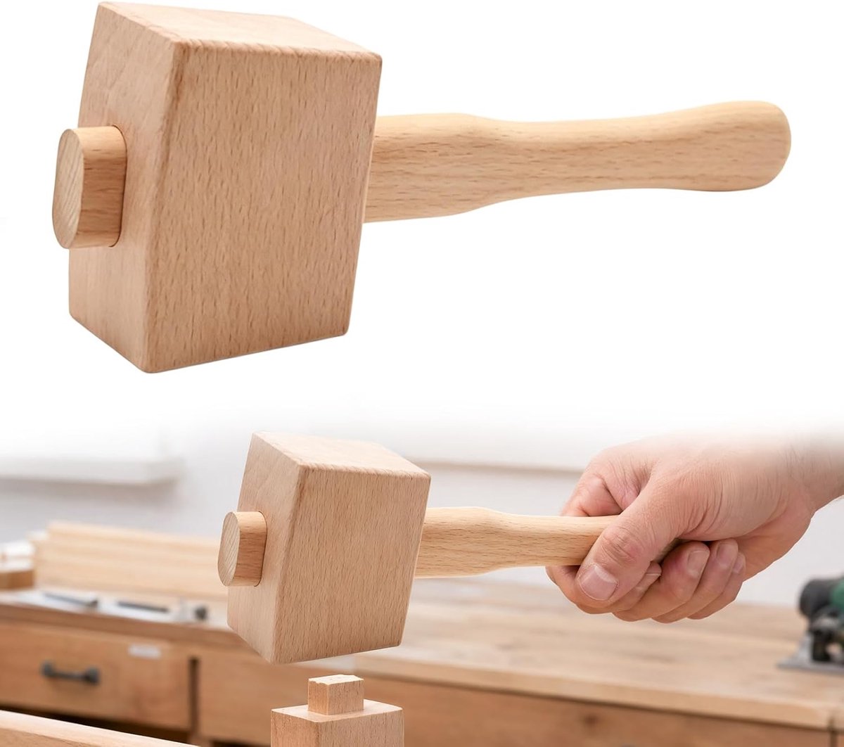 2 stuks houten hamer: beukenhout handmatige ijshamer, ergonomische houtbewerkingshamer, ronde vorm timmerhamer, voor - ShopVlot