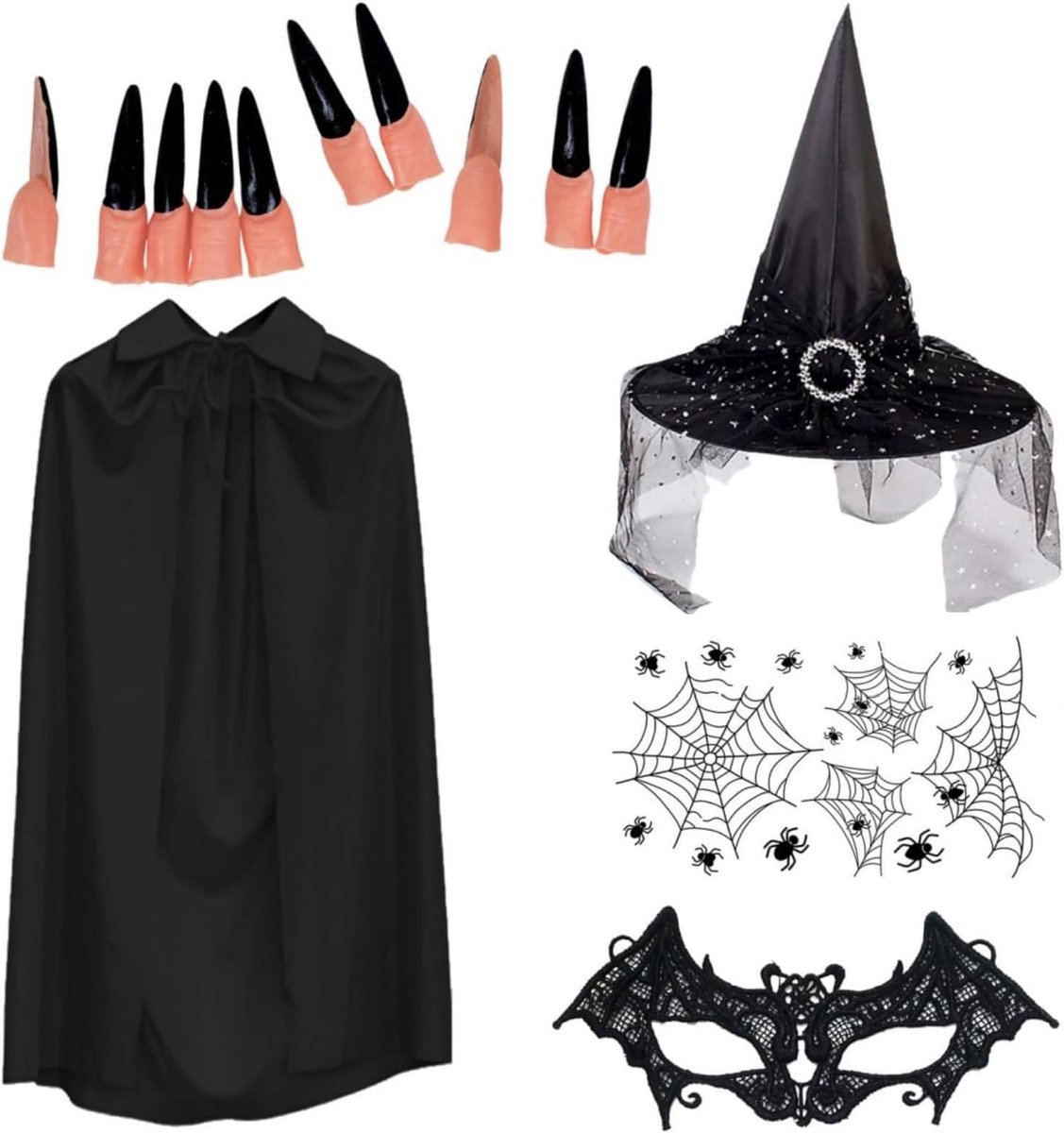 Zwarte Heksen Kostuum voor Vrouwen - Inclusief Hoed, Bat Masker, Cloak, Lange Nagels en Halloween Tatoeages voor Feestjes en Verkleedpartijen