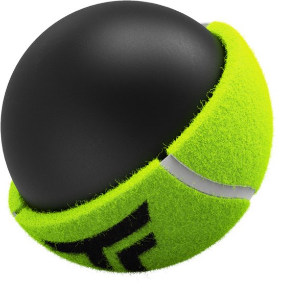 Zwarte tennisbal met een gedeeltelijk gele vacht en een grijs accent.
