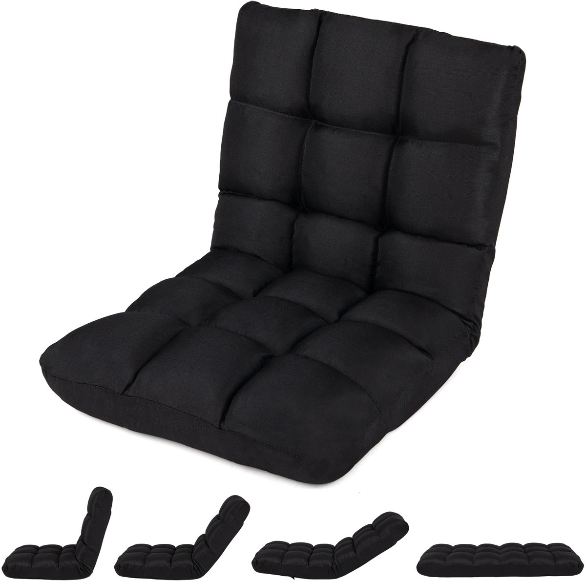 Costway Vloerstoel met Polyester Bekleding - met Verstelbare Rugleuning - 14 Verstelbare Posities - Gevoerde Relaxstoel zwart
