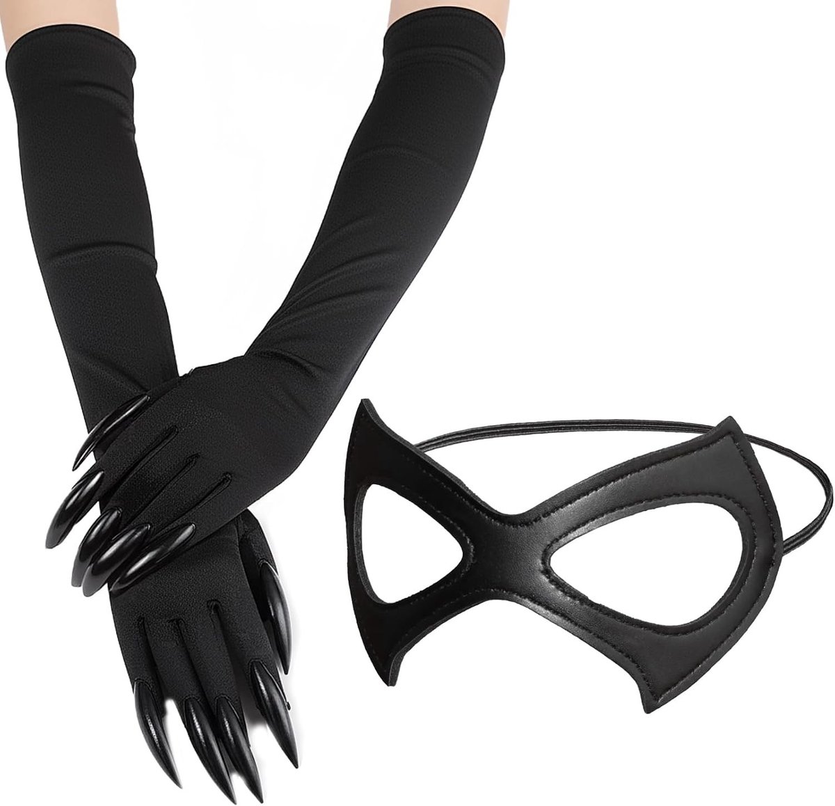 Langwerpige Nagelhandschoenen met Kattenmasker voor Halloween, Cosplay en Feestelijke Evenementen met Klauwen en Half Gezichtsbedekking