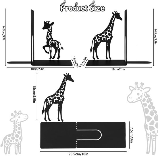 Vouwbare boeksteunen met giraffe ontwerp, zwart, antislip, stevig metaal, ideaal voor kinderen en schoolorganisatie — afbeelding 2