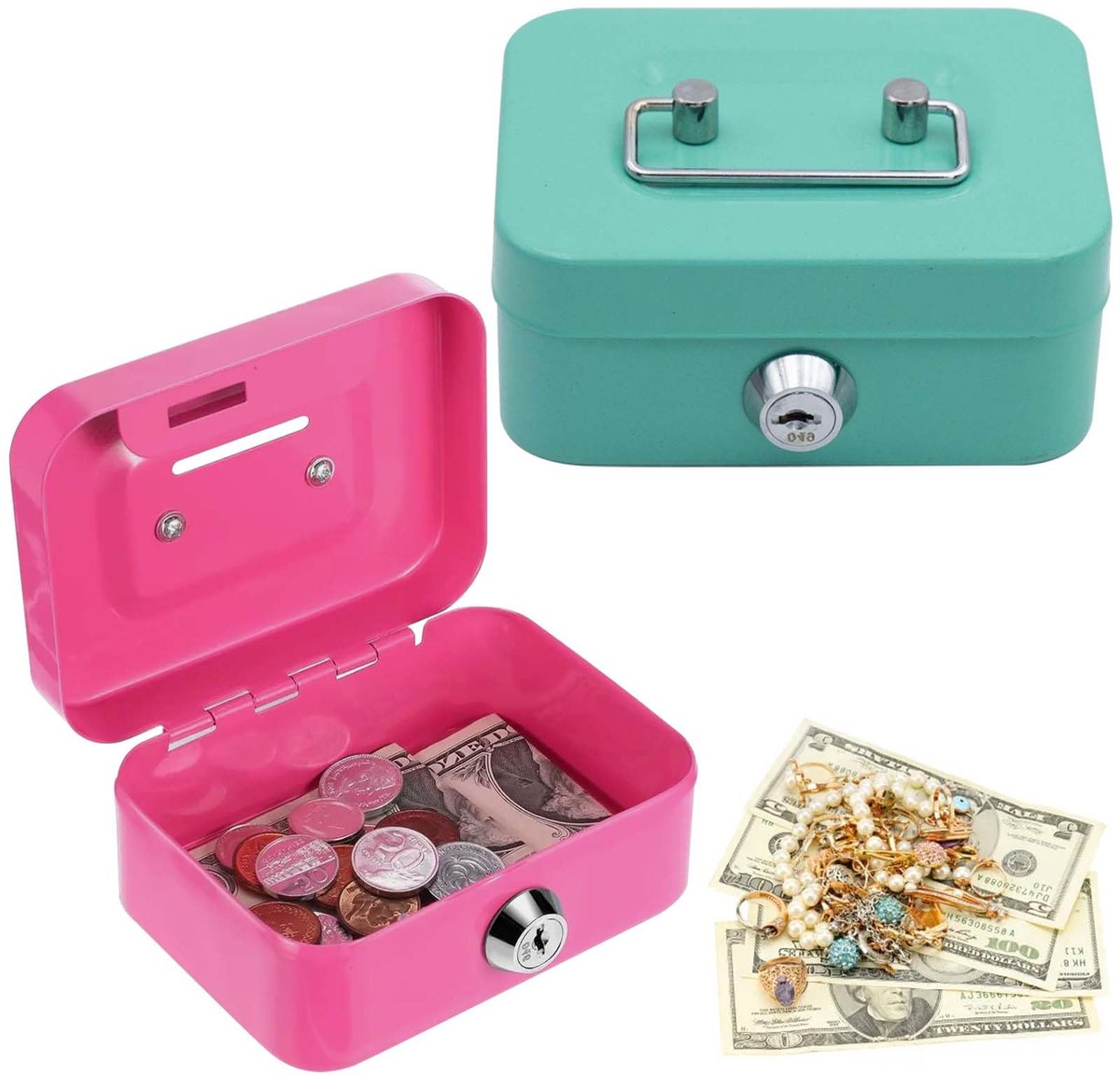 2 stuks geldcassette klein, 11,5 x 8,5 x 5 cm, kleine kluis, elke geldcassette voor kinderen met 2 sleutels - ShopVlot