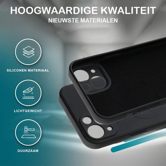 Zwart siliconen hoesje met drie iconen: hoogwaardige kwaliteit, lichtgewicht en duurzaam. De achterkant van een iPhone is zichtbaar.